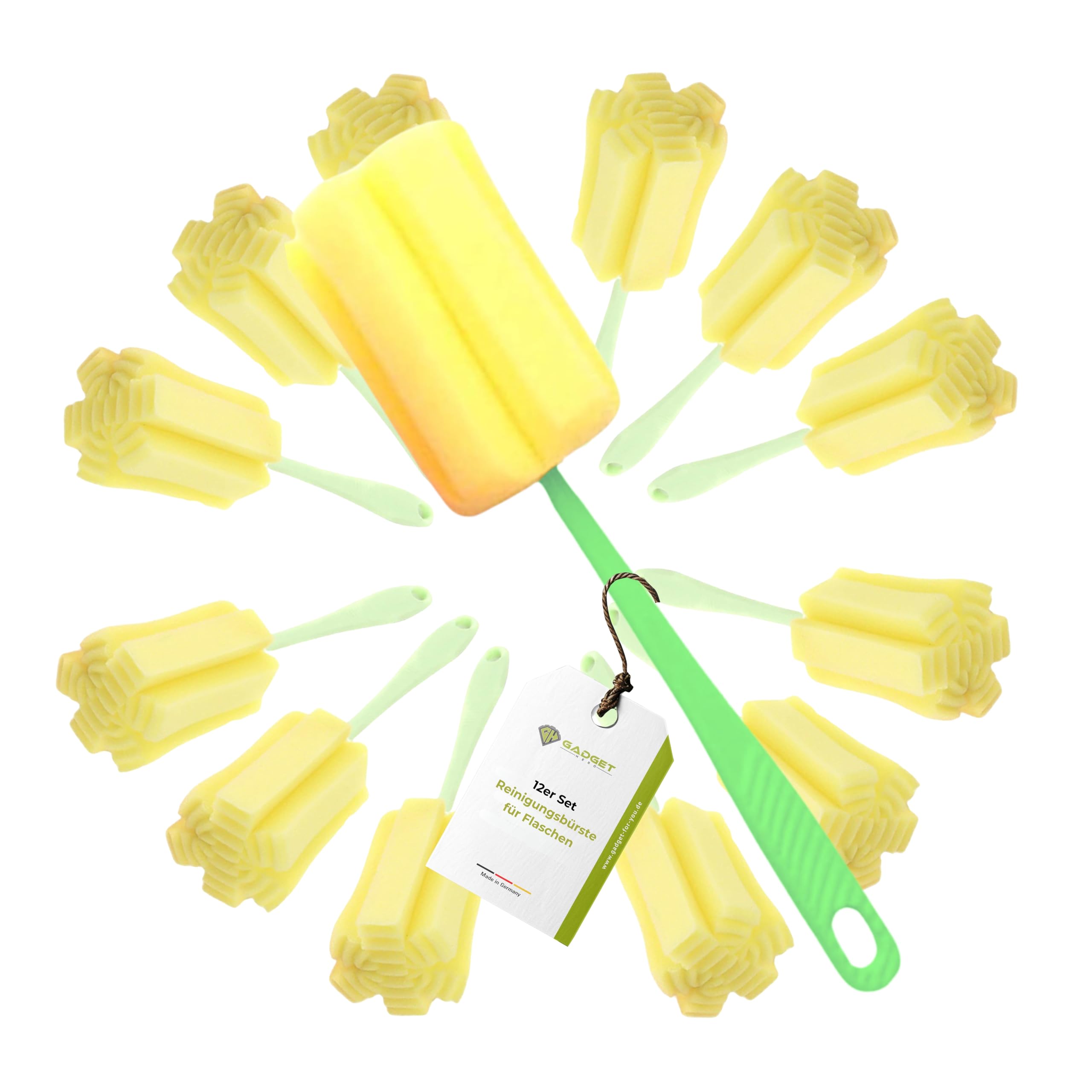 Gadget-Hero Reinigungsbürste für Flaschen 12er Set - Flaschenbürste Schwamm - Spülschwamm für Gläser - kratzfreier Flaschenreiniger mit langem Griff - Flaschenschwamm - Babyflaschen Reiniger
