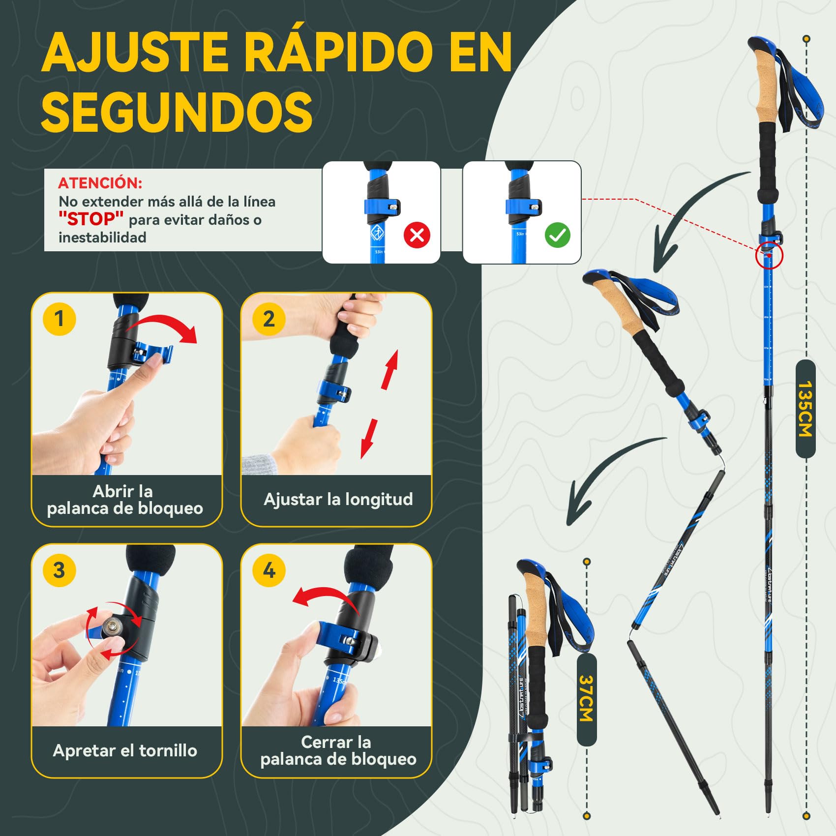Clostnature Bastones de Senderismo Plegables - Bastones Trekking de Fibra de Carbono, Juego de 2, Ajustables 115-135 cm, Sistema de Bloqueo Rápido, Palos de Senderismo Ultraligeros y Resistentes