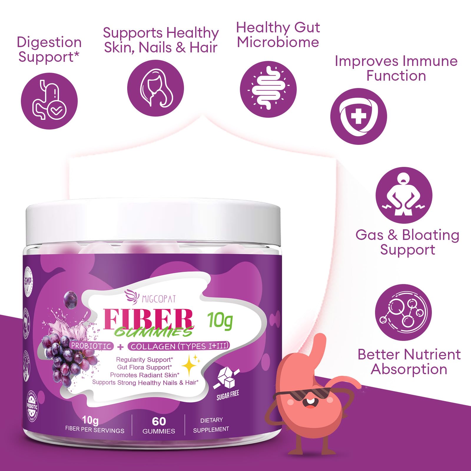 Migcopat 10G Fiber Gummies with Collagen Peptides, Grape Flavor, 60 Cts — Amazon image 2