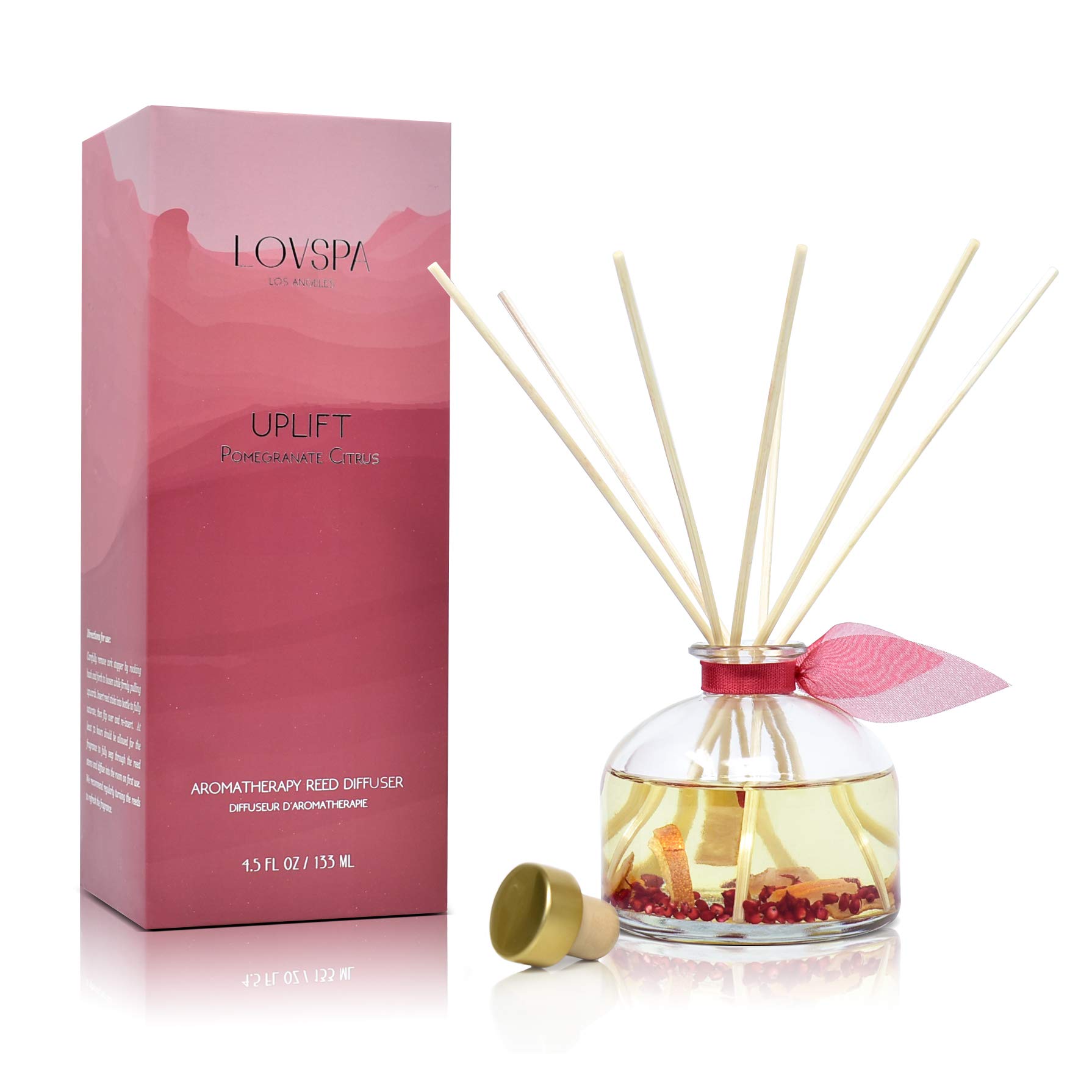 LOVSPA Uplift Pomegranate & Citrus Essential Oil Aromatherapy Reed Diffuser Set - Scented Reed Sticks - Juicy Orange, Bergamot, Black Currant & Sandalwood w/Real Orange Slices