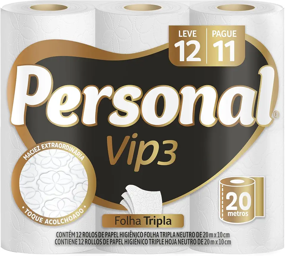 Personal Papel Higiênico Vip Folha Tripla Com 12 Rolos De 20M
