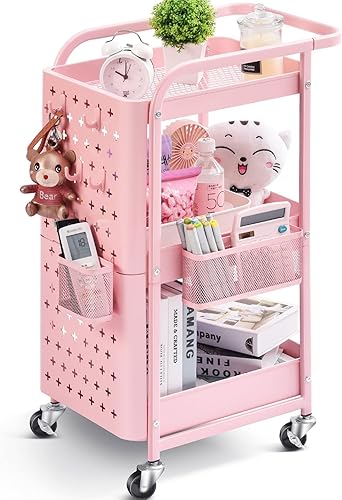 KINGRACK Carrito con ruedas de 3 niveles, carrito utilitario de metal con asa, carrito organizador de almacenamiento multifuncional con ruedas