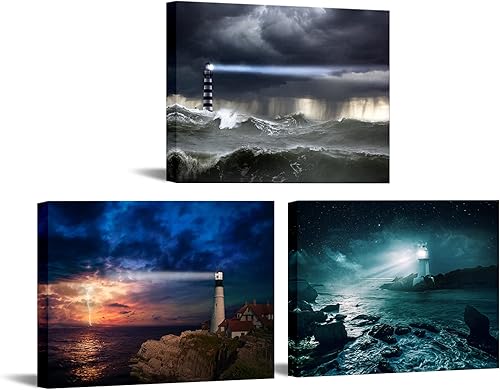 Biuteawal Arte de pared de faro, pintura de tormenta, mar, océano, paisaje, naturaleza, relámpago, obras de arte en lienzo con vista de playa