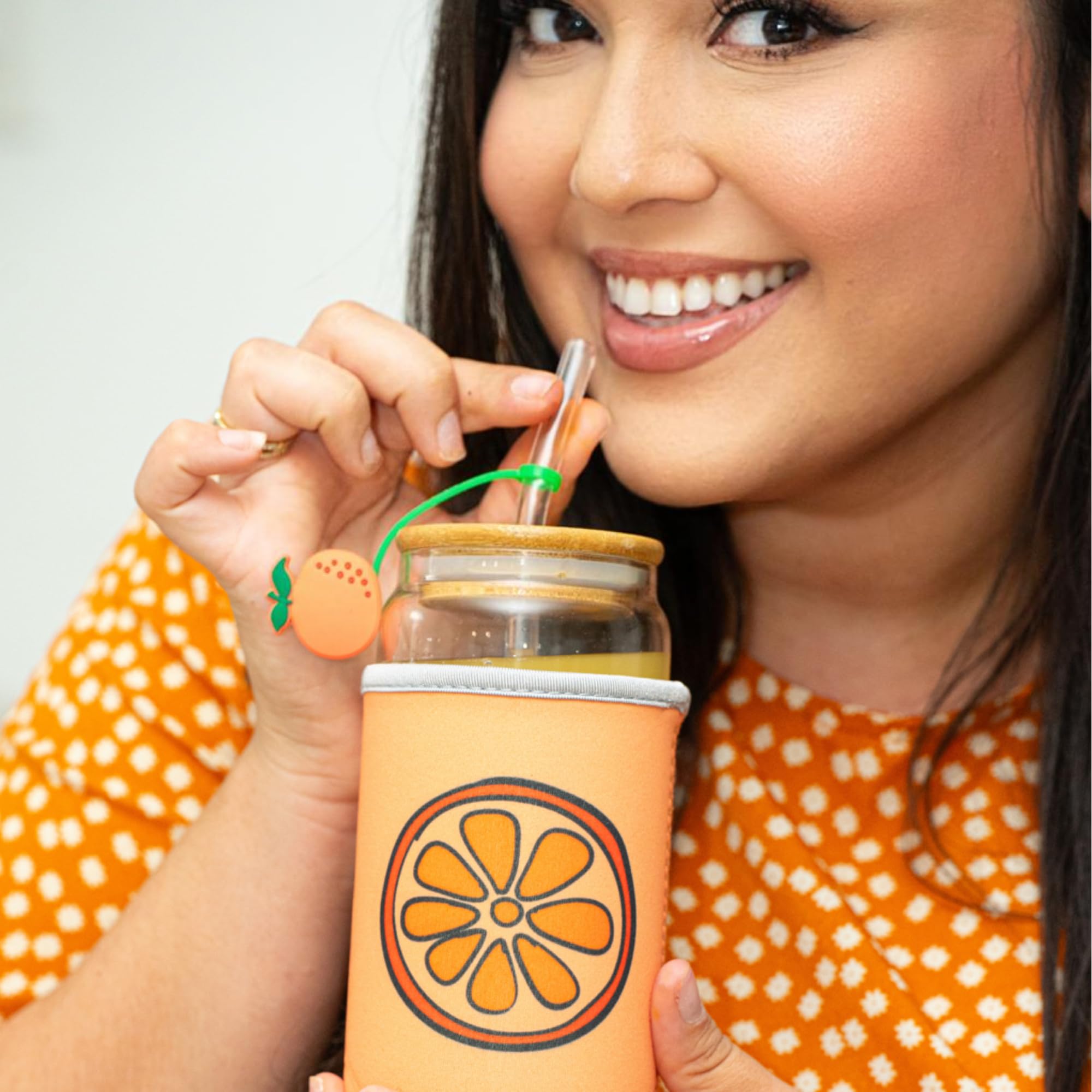 The Love Crate Co. Orange Gifts for Women - Glass Tumbler with Lid and Straw, Customized Straw Stopper and Cup Sleeve. Aesthetic Unique Design Iced Coffee Gift Cup for Mom, Teacher, Friend