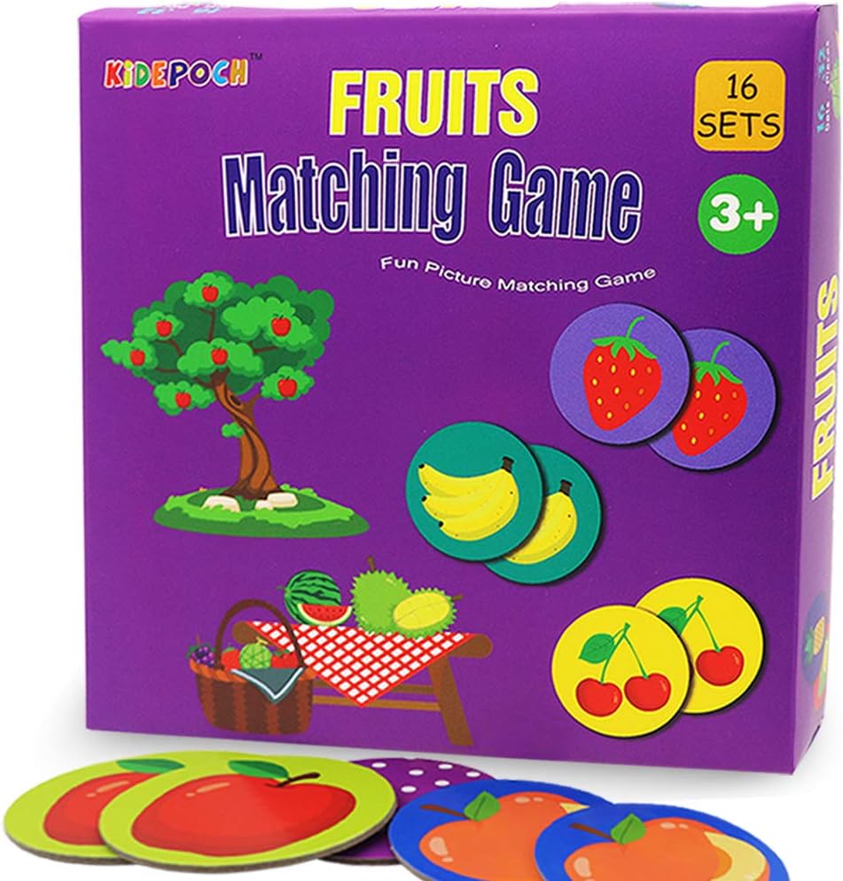 Memory Match Game โ 16 Matching Pairs Preschool Memory Games Featuring Barnyard Element, Non Toxic Educational Memory Matching Game, Perfect for Kids, Toddlers, 3 Year Old or Up (Fruit)