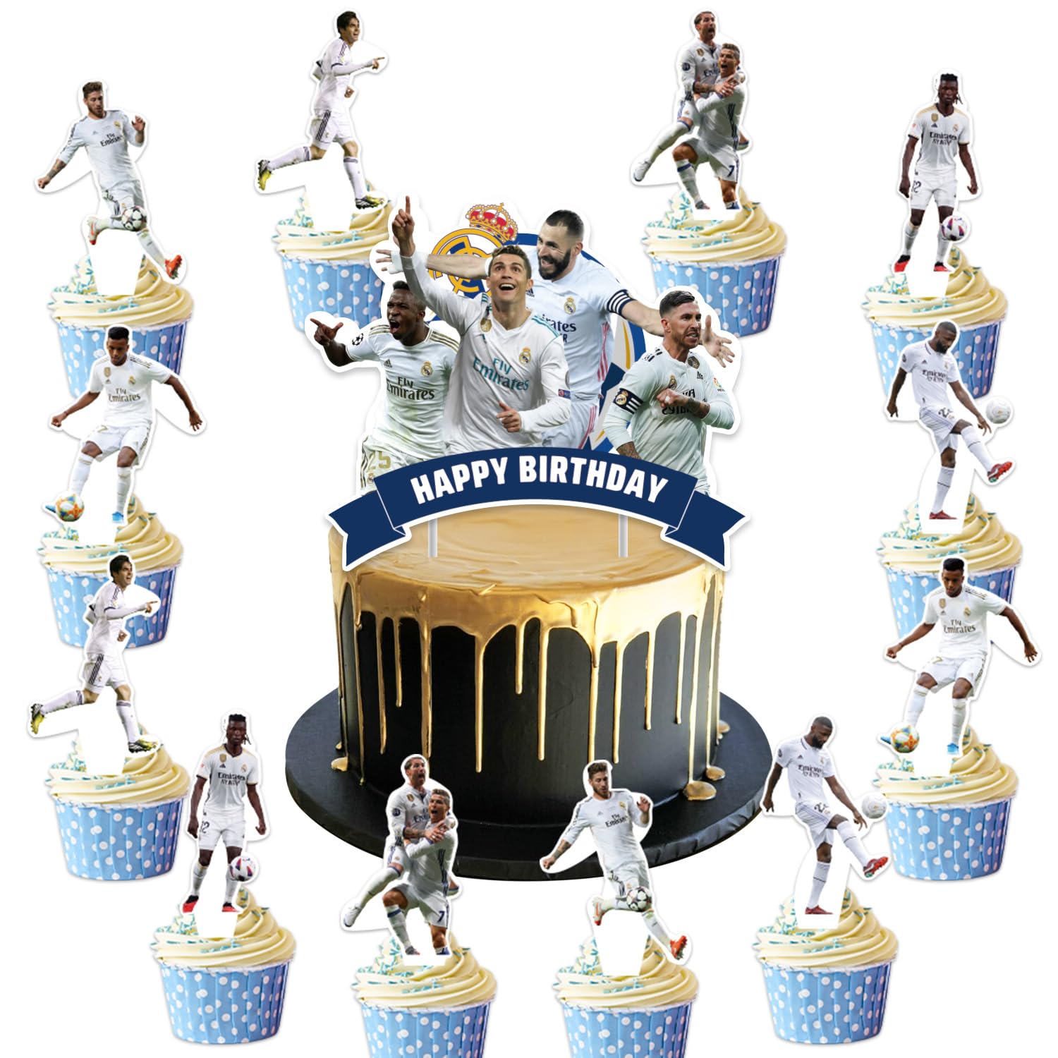 25Pcs Real-Madrid Birthday Party Supplies Pack Includes 1 Cake Topper 24 Cupcake Toppers for Real-Madrid Party Supplies