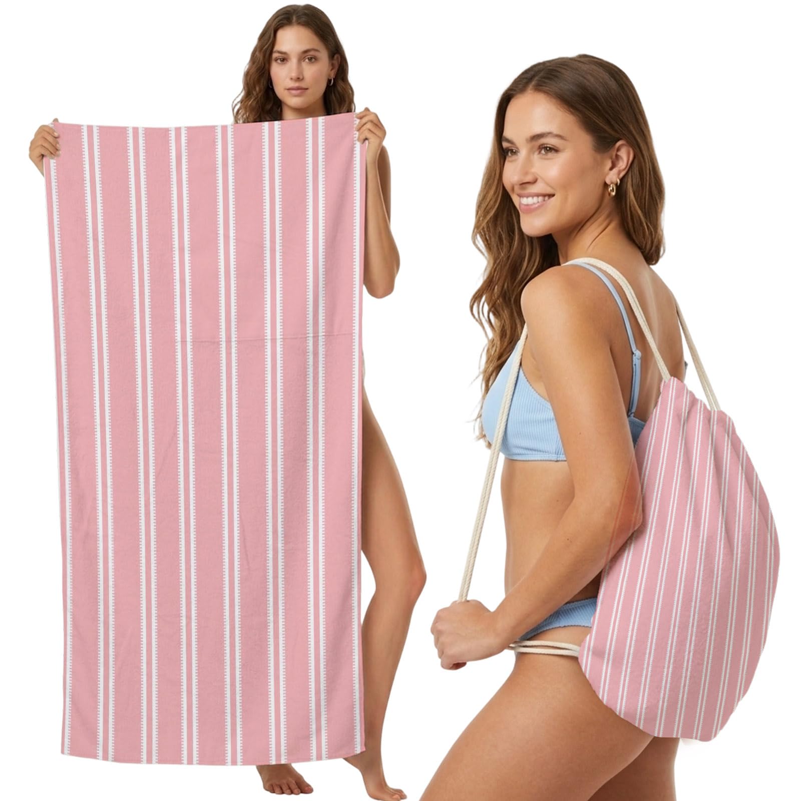 Beach Towel Bag 2 in 1 Pink Vertical Striped Bath Pool Towels Backpack Pinstripes Lines Absorbent Beach Towel Soft Quick Dry Lightweight Packable Towels Drawstring Bag for Travel Camping Sports Yoga