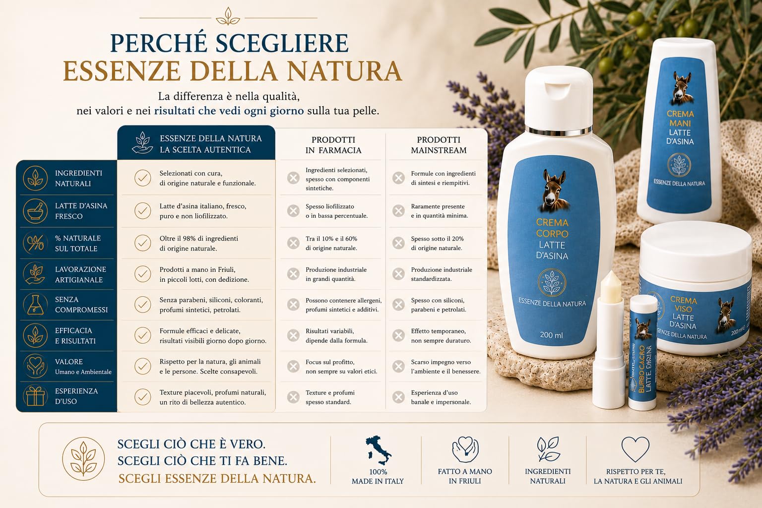 Cofanetto Box Regalo Creme Idratanti Artigianali Naturali al latte d'Asina - Crema Viso, Crema Corpo, Crema Mani e Stick Labbra - Set completo di prodotti per la cura delle pelle - Made in Italy