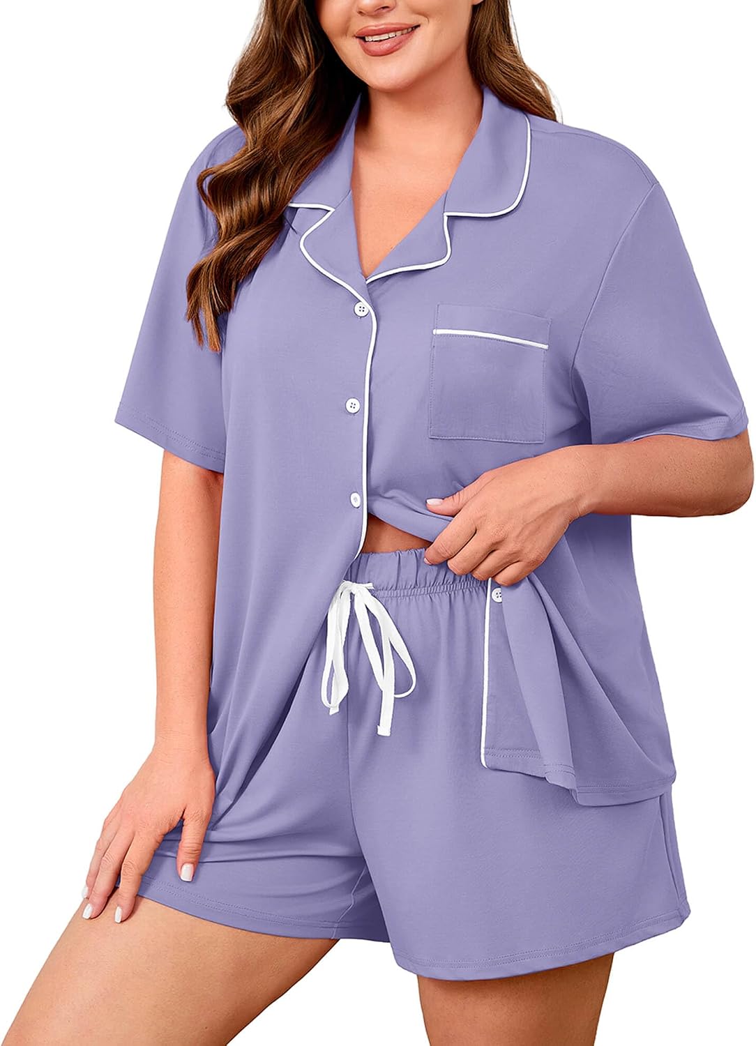AusLook Plus Size Pajama Set for Women Short Sleeve Button Down Sleepwear with Pockets Notch Collar Drawstring Shorts 1-5X