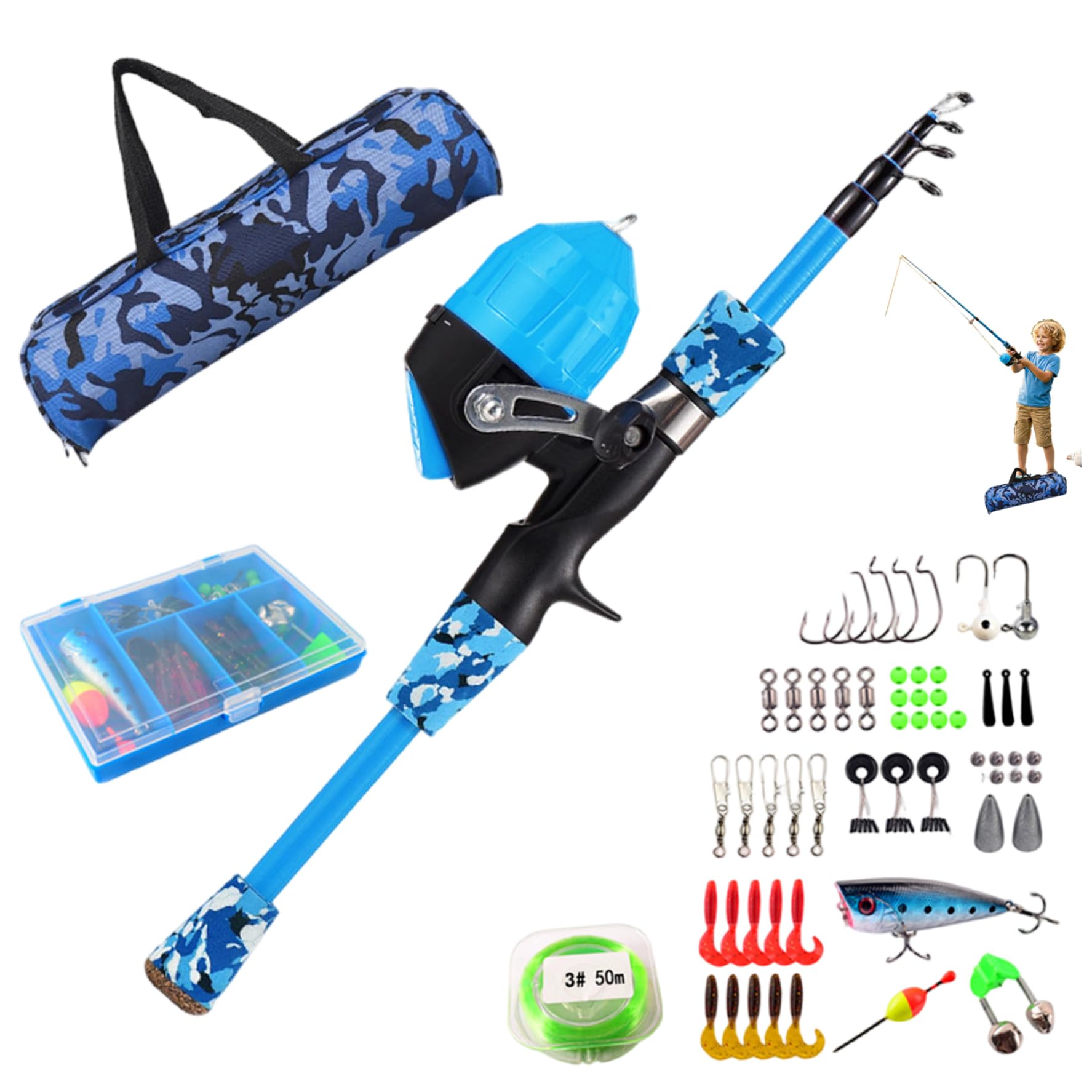 Equipo de pesca para niños Caña de pescar infantil Kit completo de iniciación con caña telescópica caja de aparejos carretes y bolsa para jóvenes pescadores 1, 5 m Equipo de pesca para niños azul
