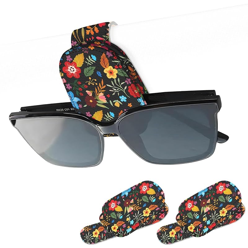 Suporte magnético para óculos no para-sol automotivo UntilPlan em couro, preto floral, 2 unidades
