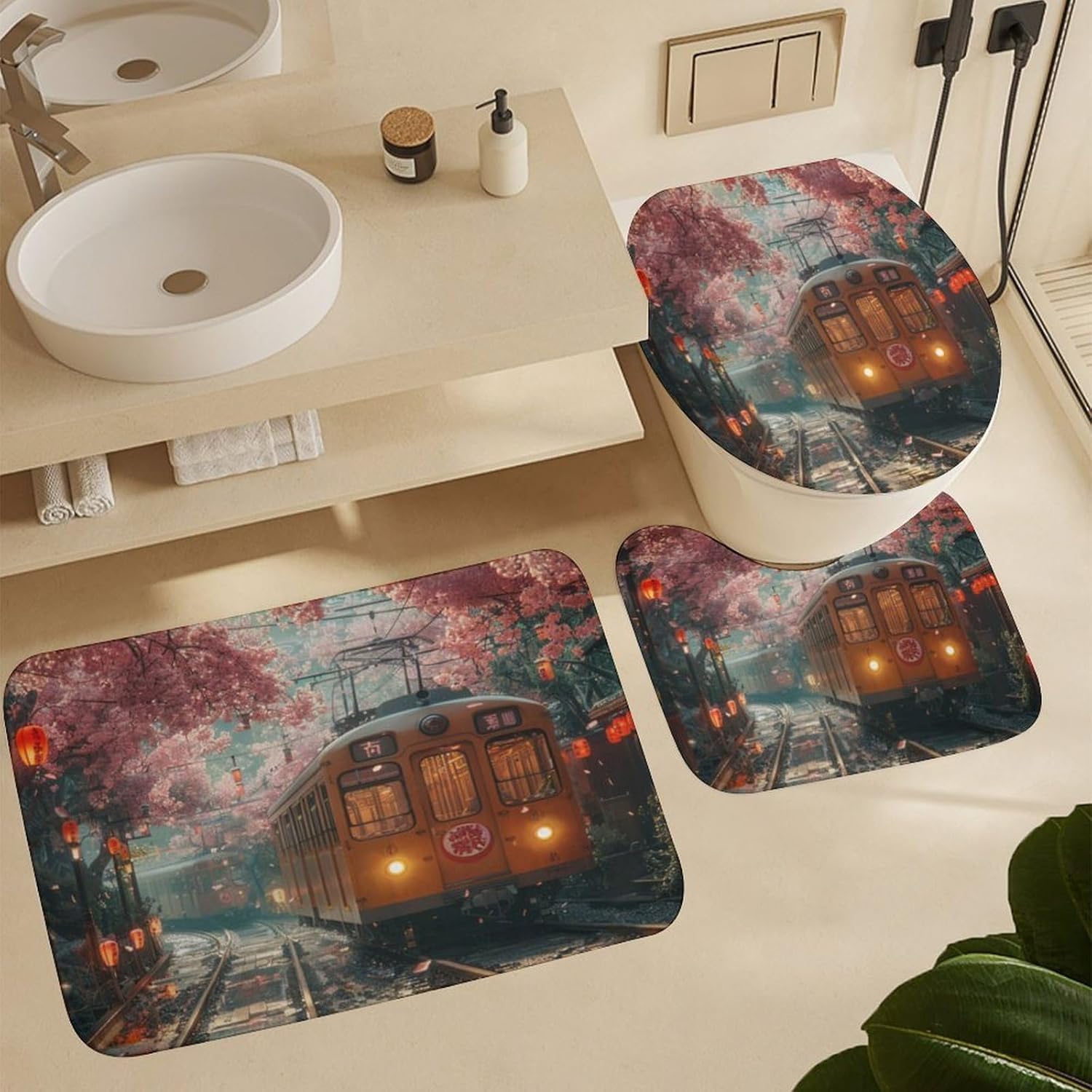 Vintage Ancient Japan Steam Train 4 Pcs Shower Curtain,Rustic Watercolor Japanese Landscape Cherry Blossom Floral Bathroom Set Shower Mat Shower Curtain with Rug 12 Hooks