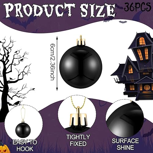 Miniatura 2 de BBTO 36 adornos de bola de Halloween negros para árbol de Navidad, bolas brillantes, juego de adornos de bombillas negras de Halloween, decoraciones