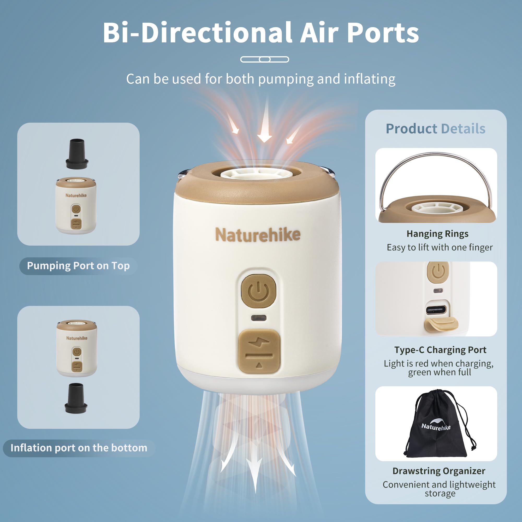 Naturehike Wind-Mini Pompka powietrza z akumulatorem 1600 mAh USB-C Mini kempingowa pompka powietrza Oświetlona przenośna elektryczna pompa powietrza Z 6 dyszami powietrznymi Biały