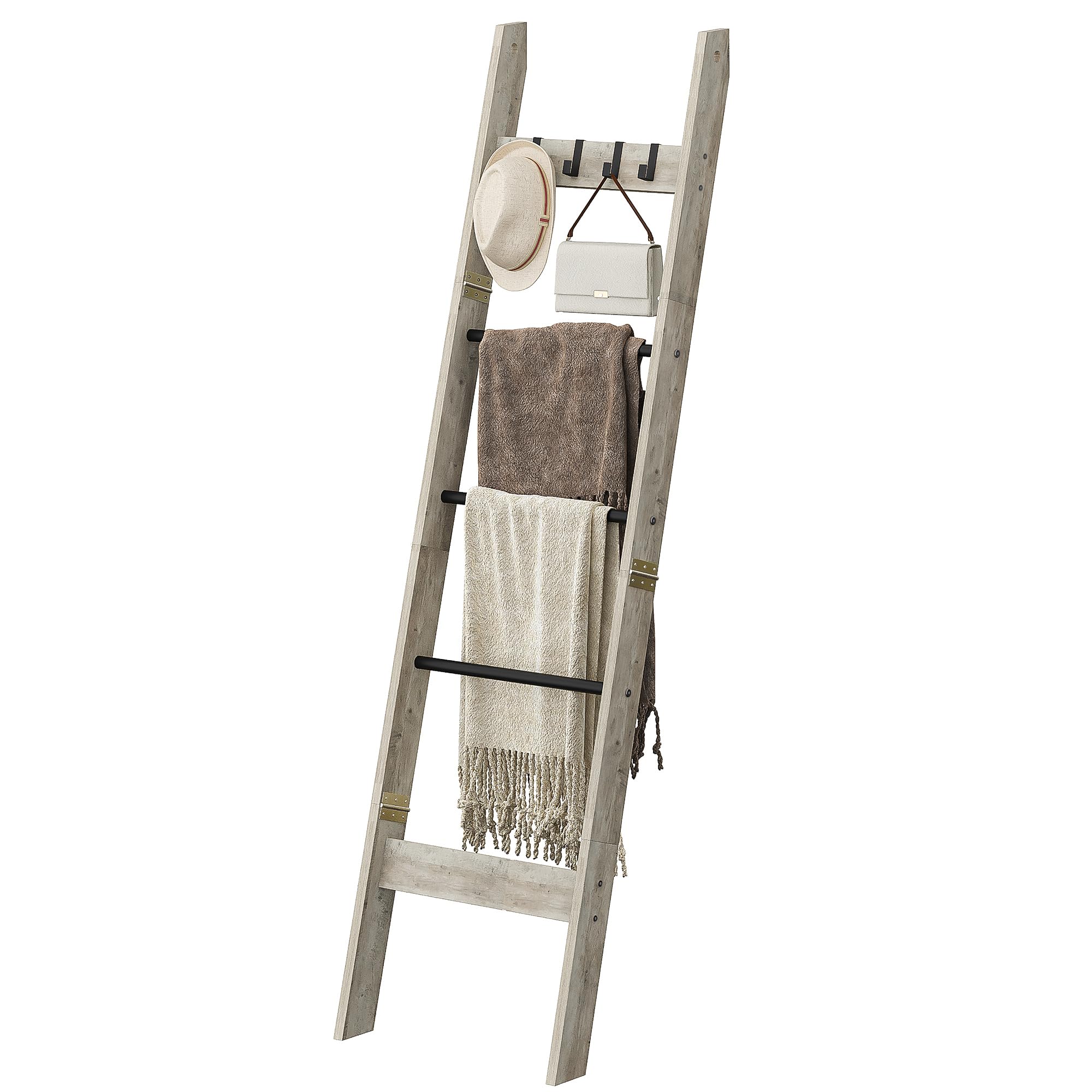 Hzuaneri Blanket Ladder - for Bedroom, Decorative Wood Quilt Rack with 4 Removable Hooks, 5-Tier Farmhouse Ladder Holder Organizer for Bathroom Living Room, Greige and Black BR02105B