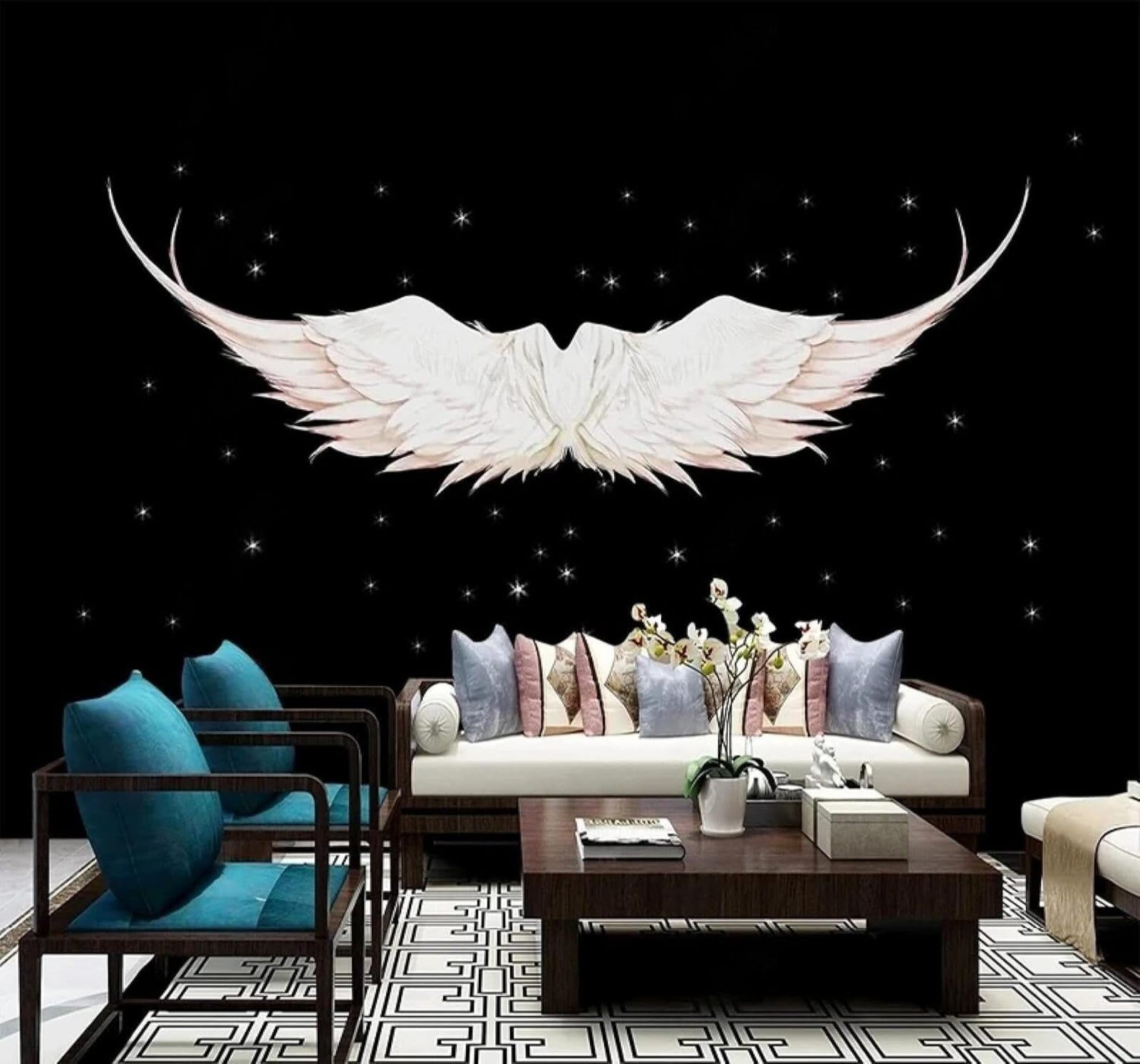 Xlming 200Cm×140Cm(B×H) Minimalist White Wings Black Background Unique 3D Wallpaper Luxury Silk Study Dining Feature Sofa Grey Bedroom Living Room Tv Decorative Wall-200Cm×140Cm