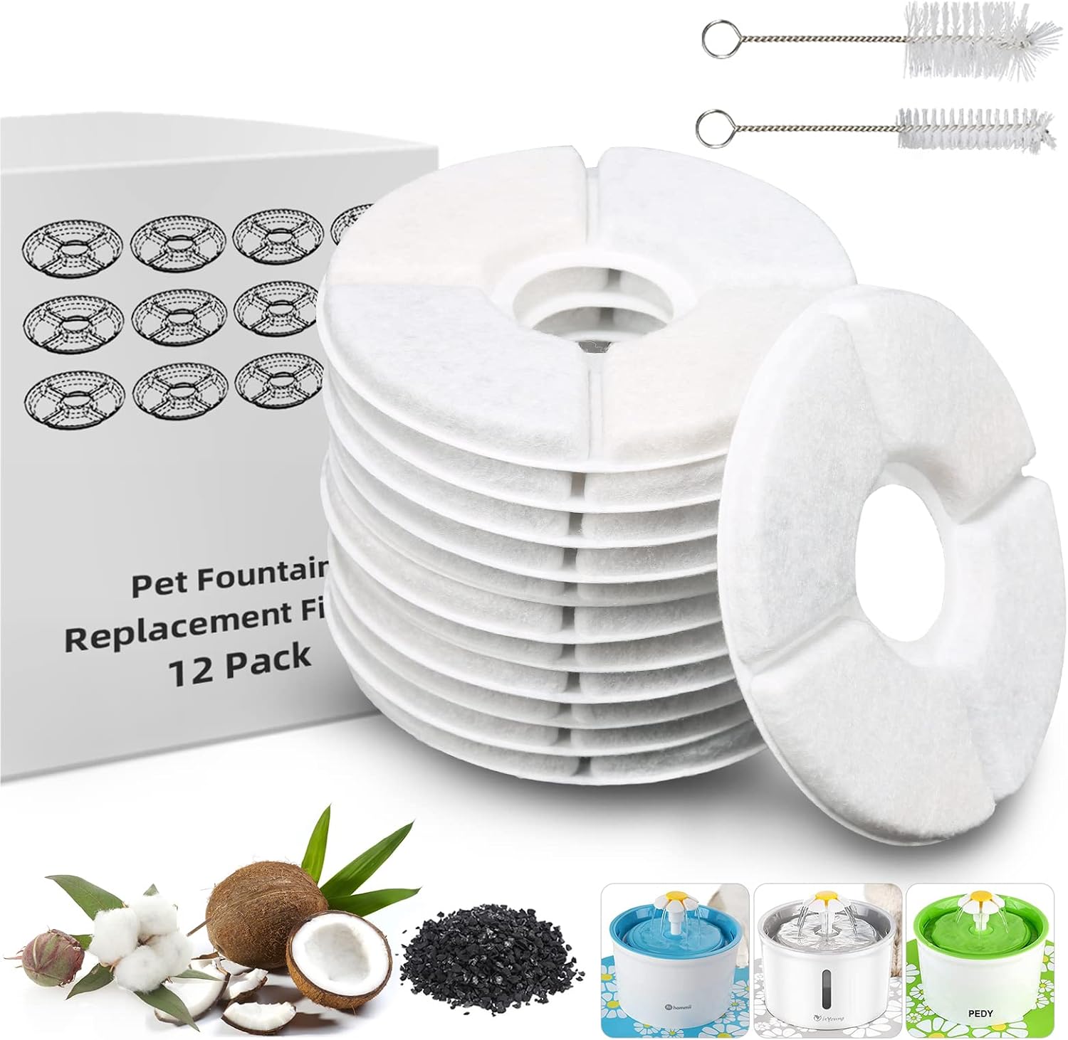 12 Pcs Cat Water Fountain Filters - 1.6L, Pet Water Fountain Filter with Comb Cleaning Brush for Automatic Flower Water Dispenser,…