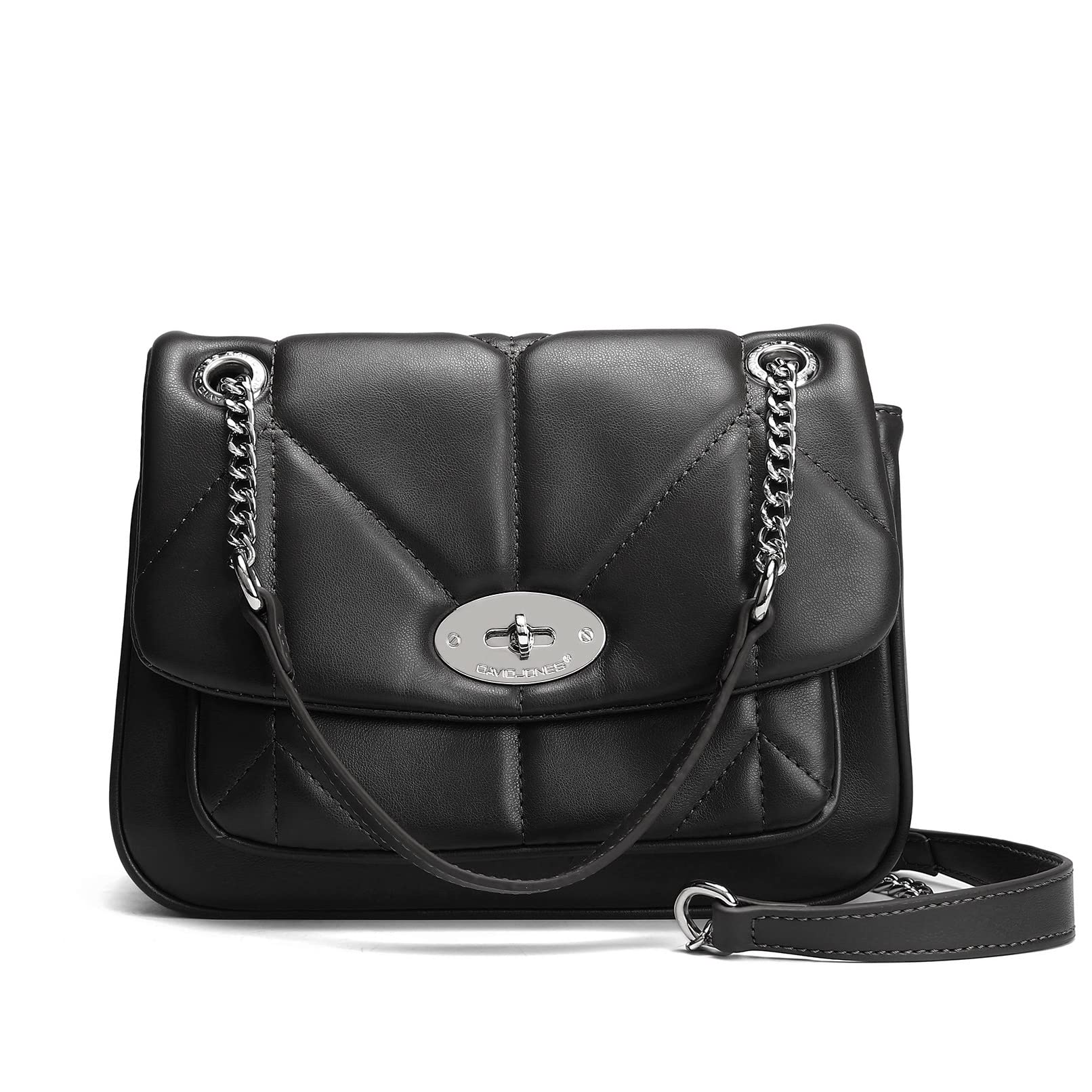 David Jones - Bolso Bandolera Acolchada Mujer - Bolso de Hombro Cruzado con Cadena Piel Sintética - Bolso de Mano Cuero PU Tamaño Mediano - Bolso Elegante con Torniquete Moda Clutch Embrague - Negro