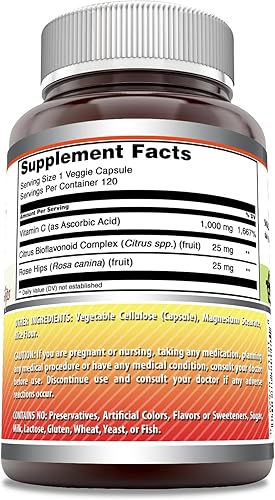 Miniatura 2 de Amazing Formulas Vitamina C (ácido ascórbico) de 1000 mg con bioflavonoides de rosa y cítricos  Suplemento de cápsulas vegetales  Sin OMG  Sin