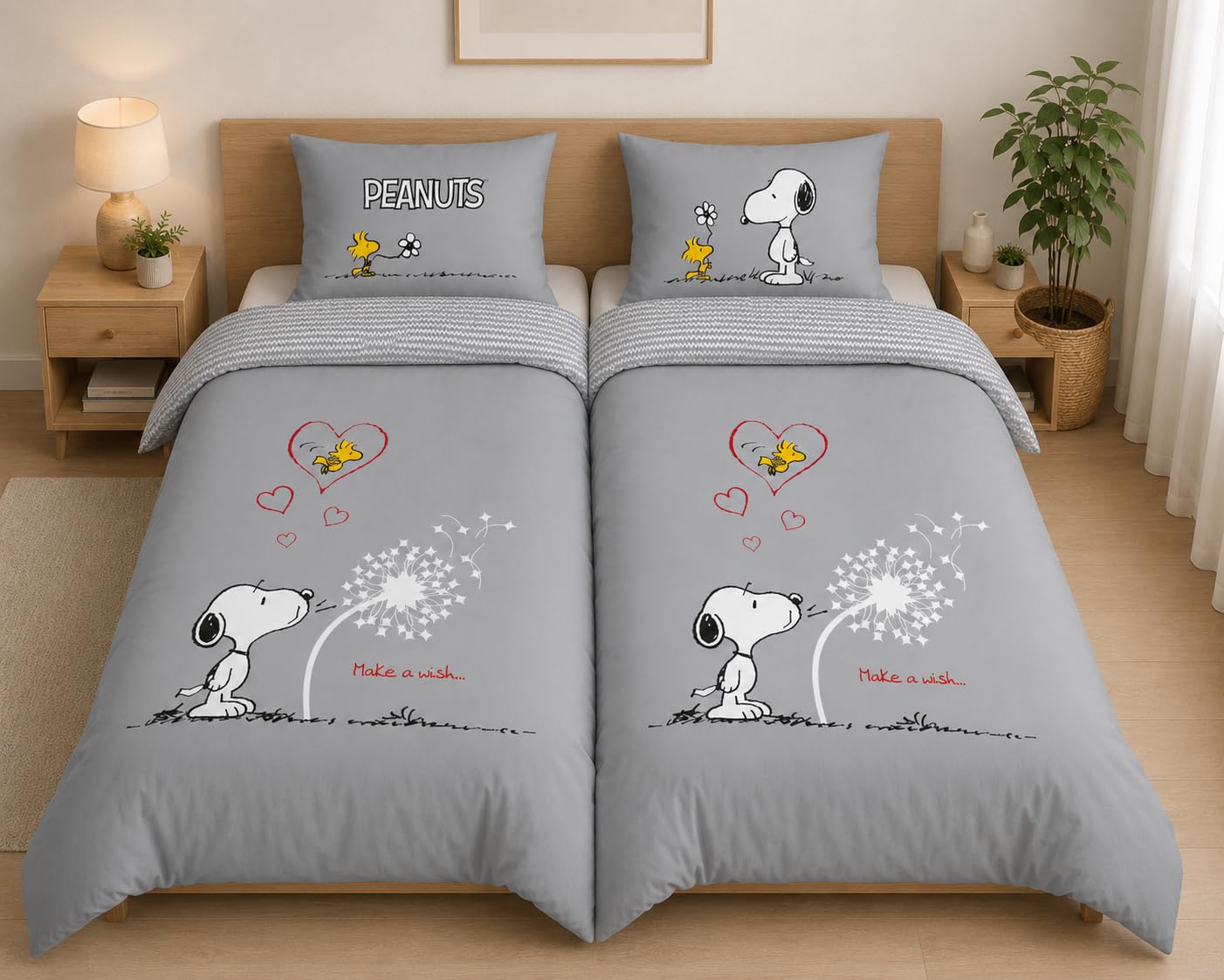 Peanuts Partner Bettwäsche Snoopy 4-teilig Doppelpack 80x80 + 135x200cm 100% Baumwolle mit Reißverschluss