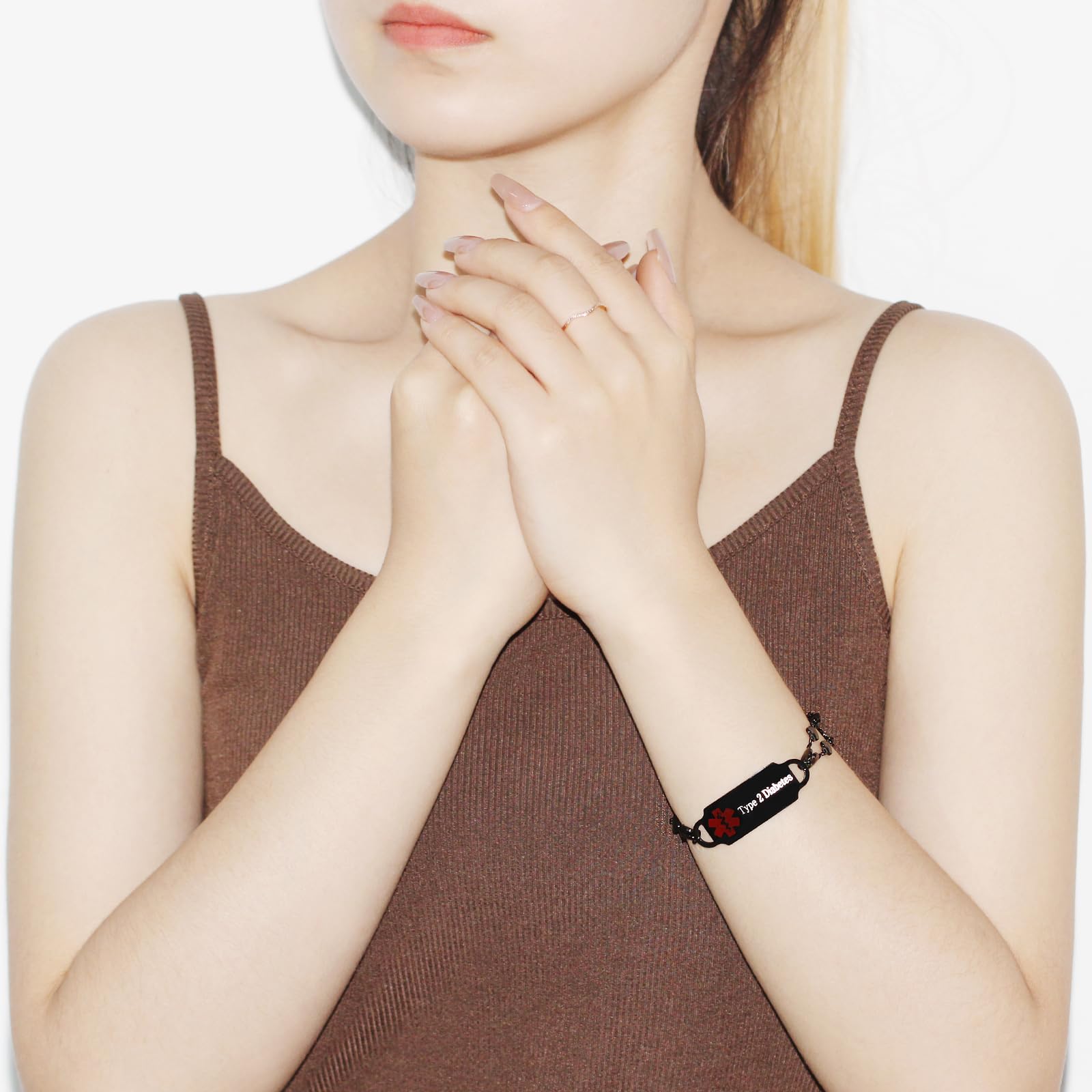 YA5199 Bracelet d'identification médicale d'urgence double brin réglable en forme de cœur étanche pour homme Noir en acier inoxydable
