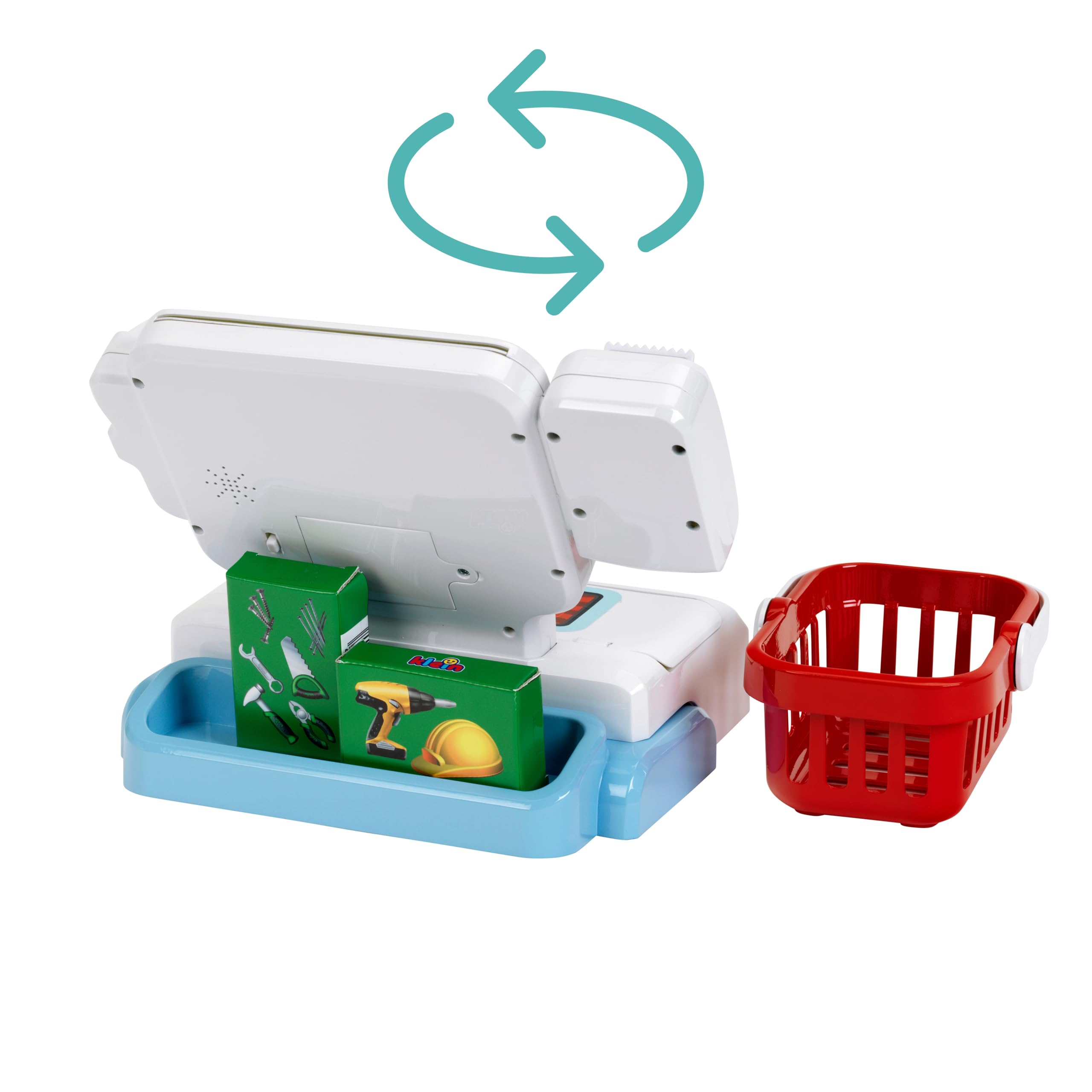 Theo Klein 7265 Caisse Libre-Service, Scanneur avec lumière et Son I Ecran à 3 thèmes interchangeables, Panier, Argent fictif, etc, Jouets pour Enfants à partir de 3 Ans