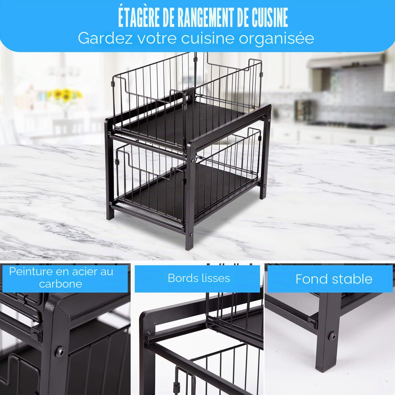 Organiseur de Placard à 2 Niveaux Panier de Rangement Cuisine Étagère de Tiroir sous Évier Organisateur d'armoire empilable pour Cuisine Salle de Bain