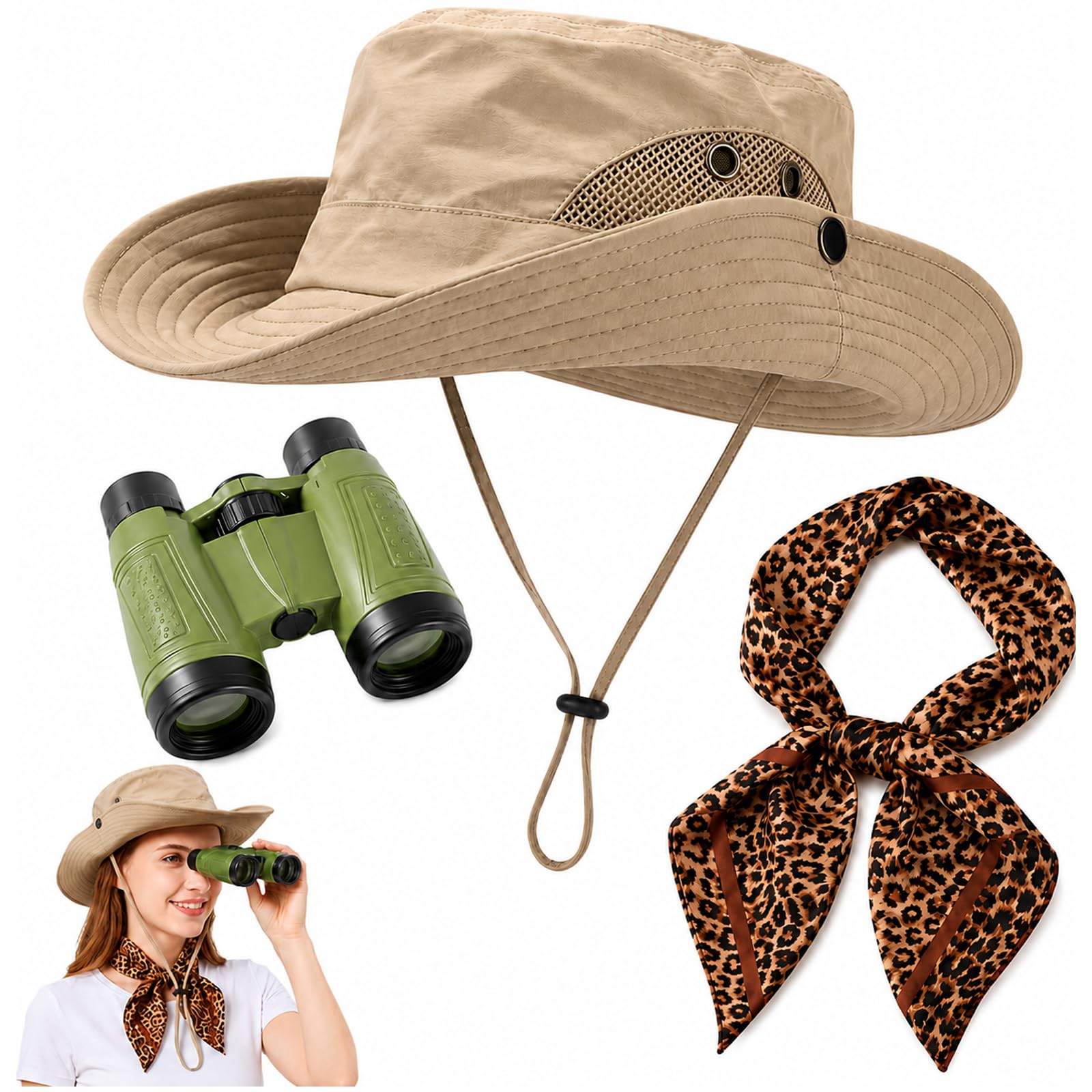 suction 3PCS Explorer Outfit, Retro Safari Style Attire with Leopard & Zebra Pattern, Practical Party Wear Equipped with Binoculars and Khaki Hat