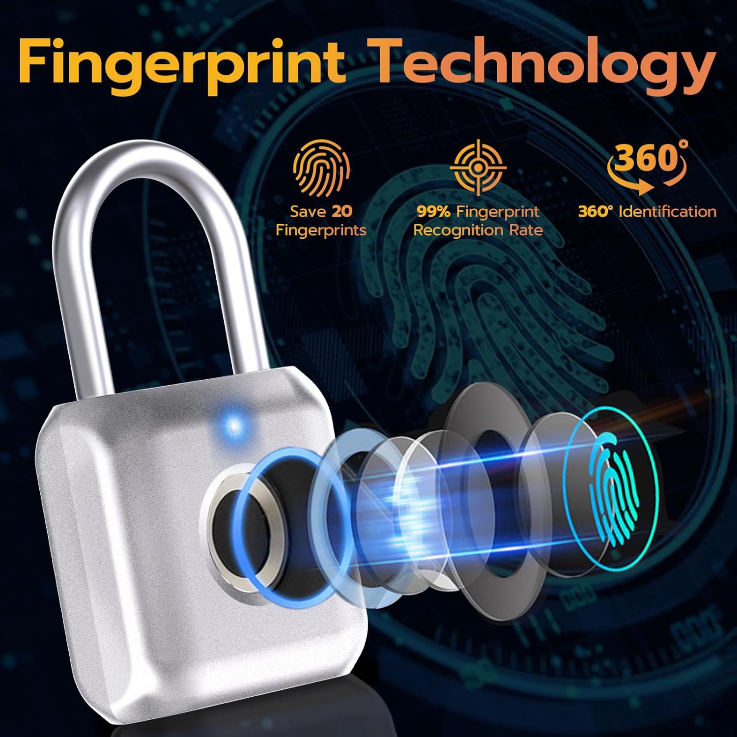 Pothunder Fingerprint Padlock, Smart Padlock, Locker Lock, Biometric Metal Keyless Fingerprint Lock, USB Rechargeable, for Gym Locker, Locker, Luggage, Backpack(Silver)