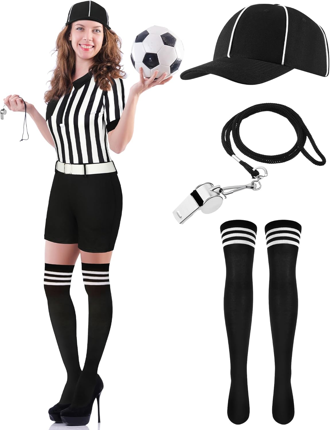 5 Pcs Referee Costume for Women Carnival Ref Uniform with Belt Hat Whistle Yellow Penalty Flags Long Socks