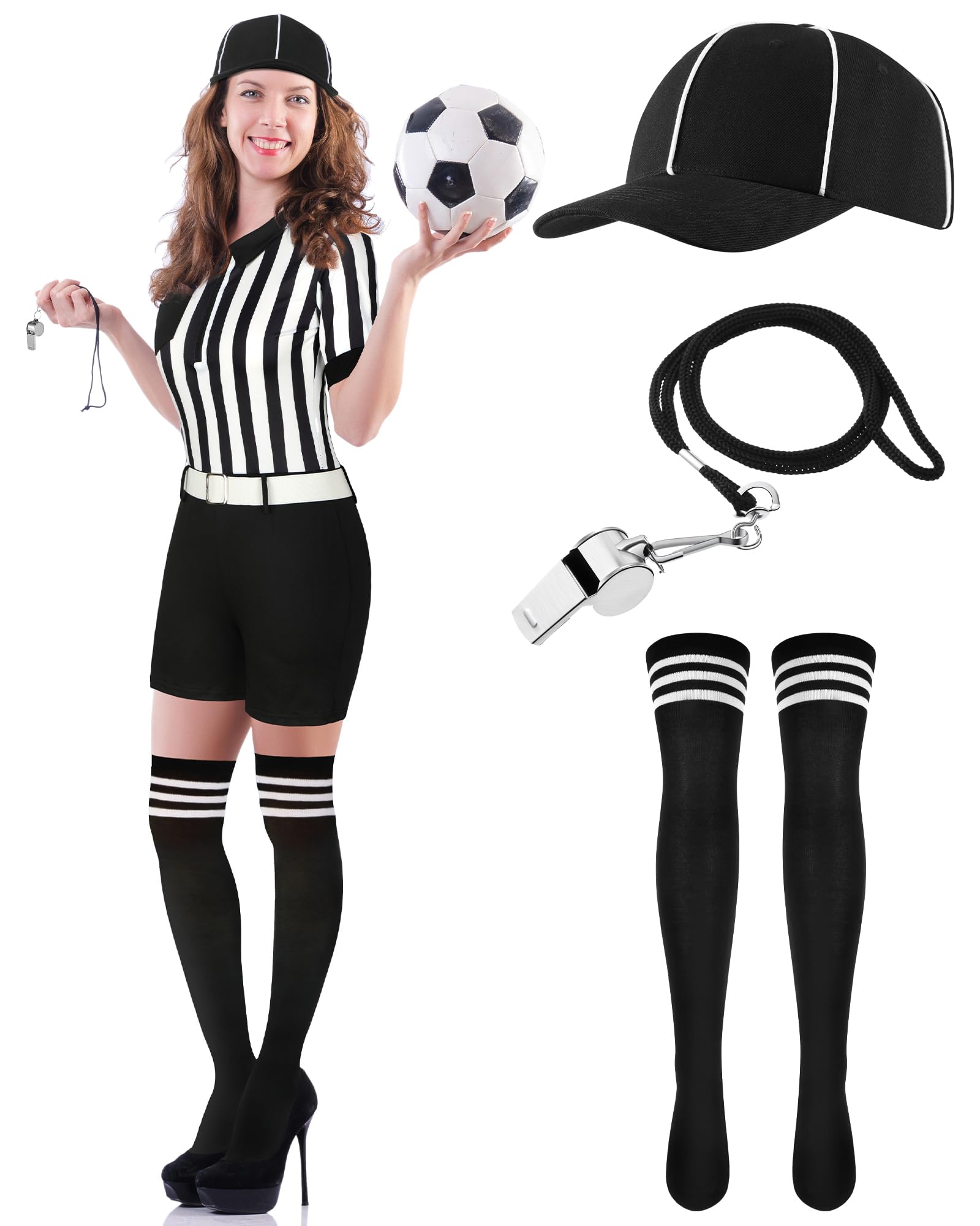 Didaey 5 Pcs Referee Costume for Women Carnival Ref Uniform with Belt Hat Whistle Yellow Penalty Flags Long Socks