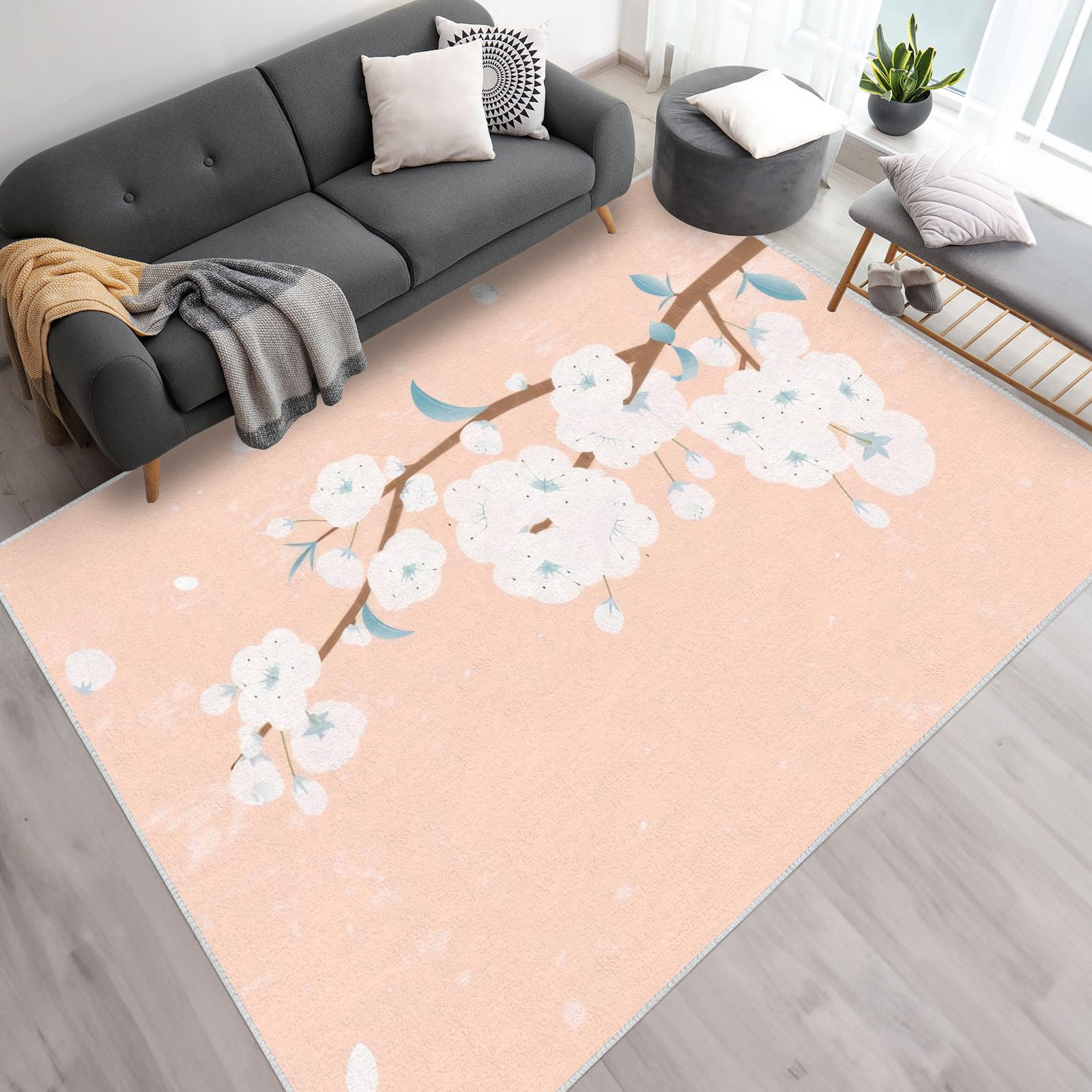 Tapis Fleur de Cerisier Lavable en Machine Tapis Salon 150x200 Poil Court, Tapis Beige Descente de Lit Chambre Doux Tapis Sol Absorbant, Moquette Decoration Chambre Fille Ado Adulte