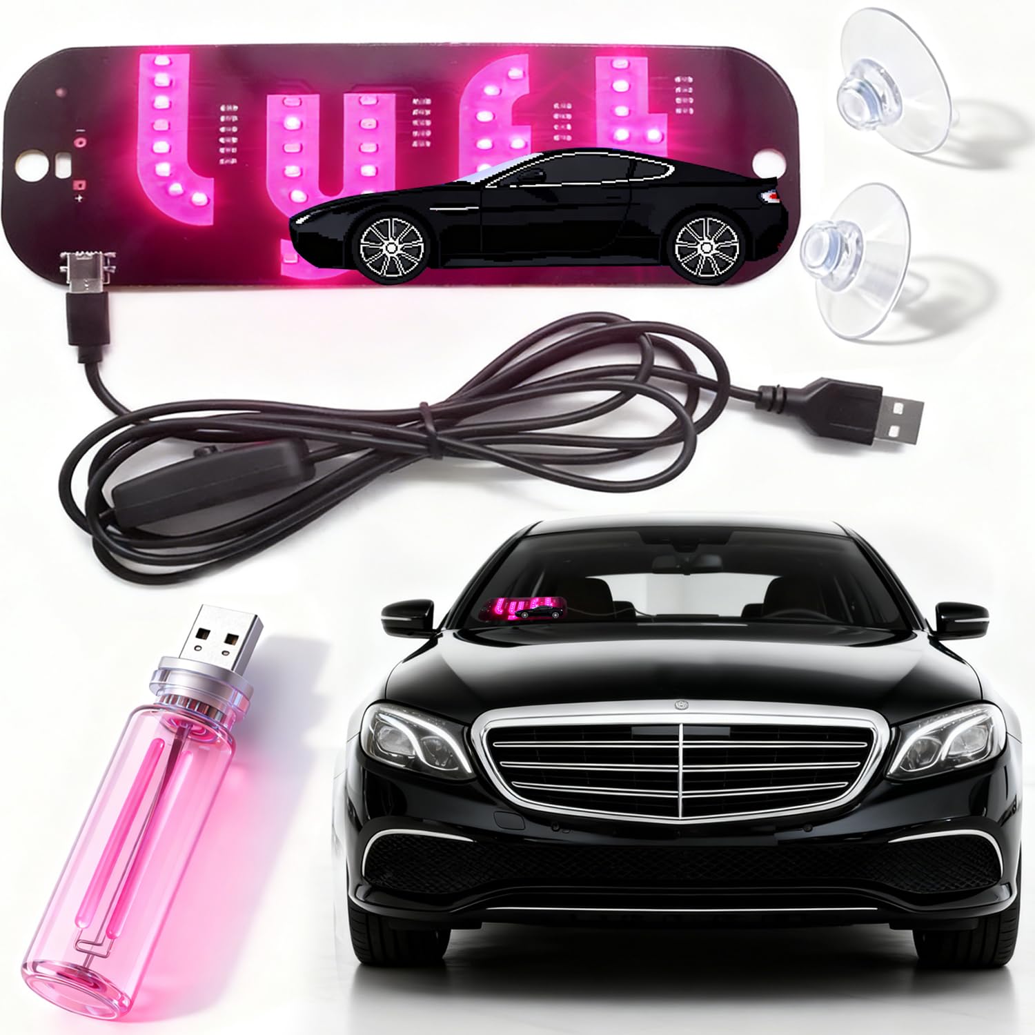 LED Light for Car | Touch Control Cars USB Night Light, USB Cable Taxi Light Pink car Accessories, Decal with Suction Cups Flashing Hook (1*Touch Control Small Lights 1* Cars Signs)