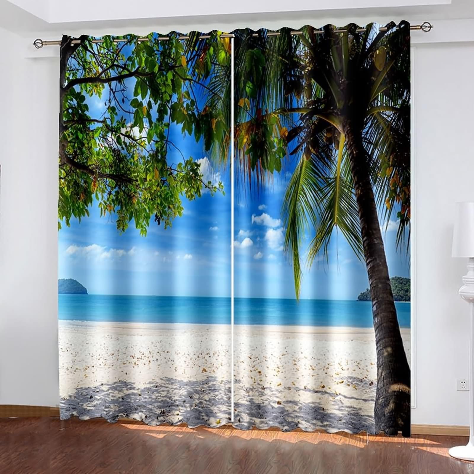 Zasłony okienne, zasłona zaciemniająca kuchnia niebieski zielony beżowy drzewo kokosowe krajobraz i plaża morska poliester 2 panele 264x214cm