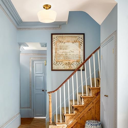 Miniatura 2 de Schoolhouse - Lámpara de techo moderna dorada, lámpara de techo semiempotrada, pantalla de vidrio de leche de ópalo de 12 pulgadas de ancho, luz