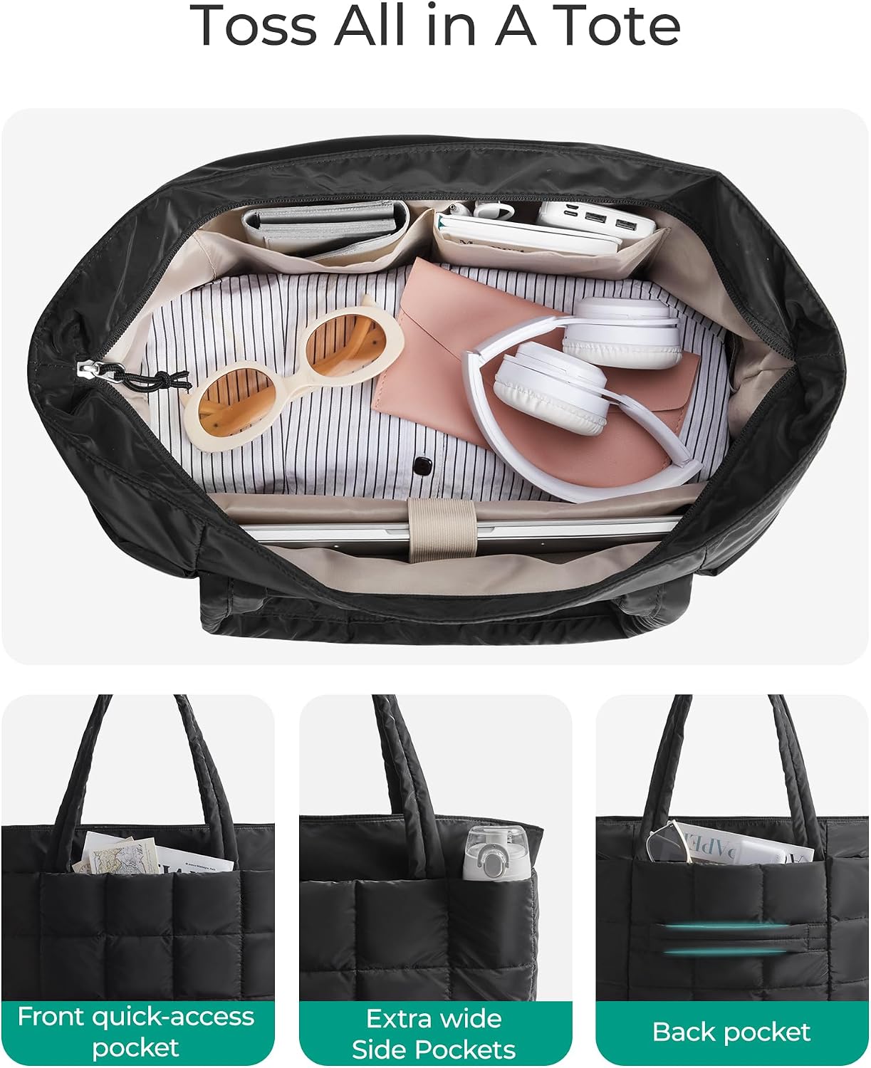 BAGSMART Expandable Tote Bag for Women, Puffer Work Tote Handbag, Quilted Carry On Bag for Travel Gym