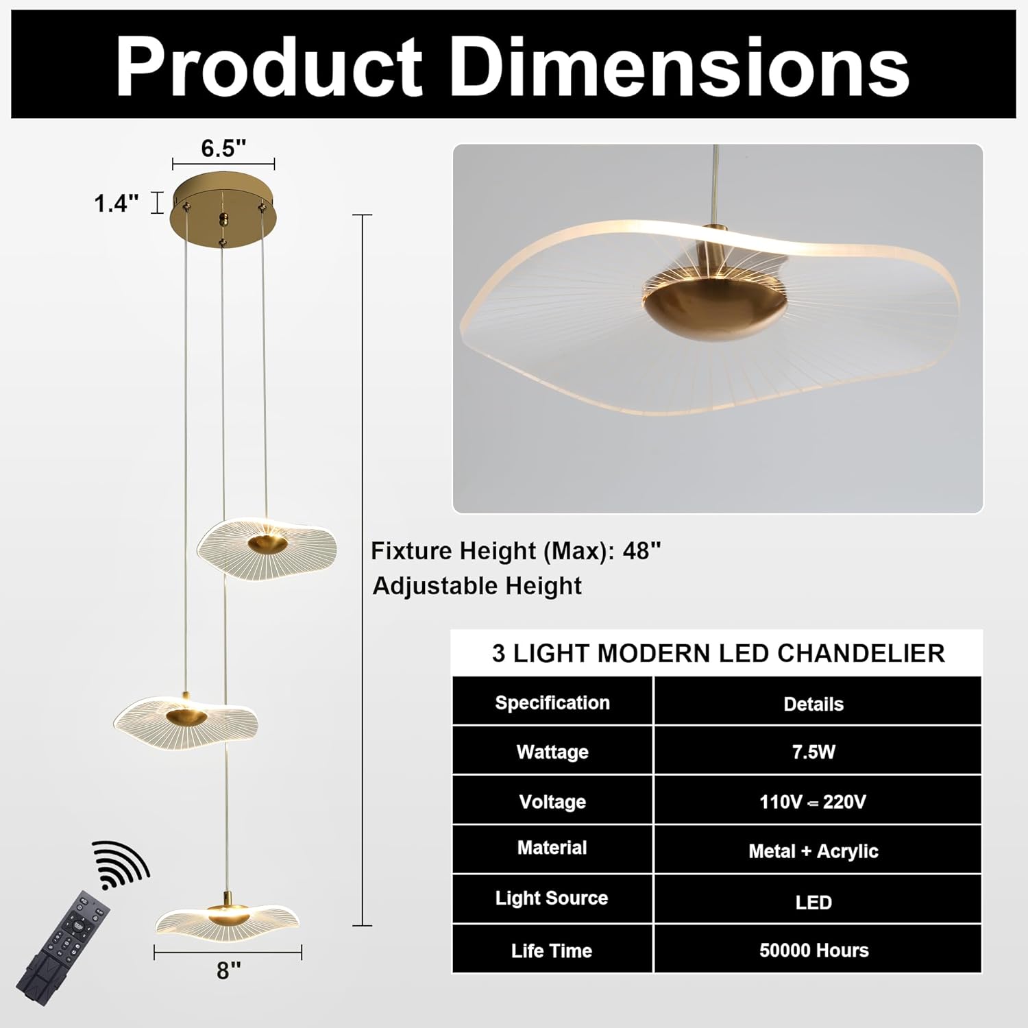 Gold Linear Lotus Leaf Chandelier, 3-Light, Modern Dimmable LED Large Hanging Pendant Lighting Fixture with Remote, for High Ceilings Dining Room, Foyer, Entryway, Staircase