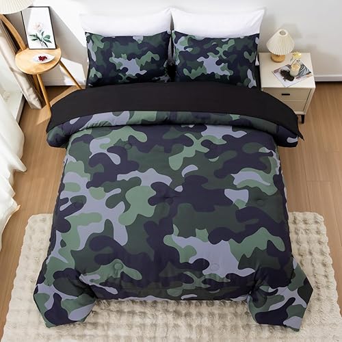 Miniatura 10 de Meeting Story Juego de ropa de cama de camuflaje para niños, juego de edredón de camuflaje militar, tamaño individual, para decoración de dormitorio