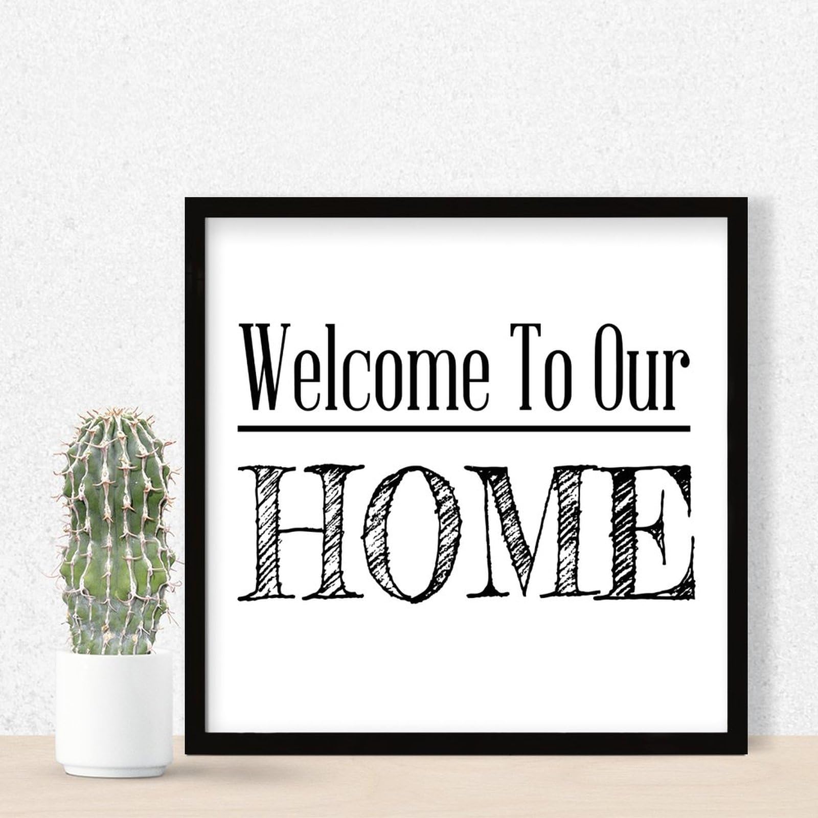 WSDESDEC Welcome To Our Home Framed Wooden Sign Shelf Décor Hanging Positive Saying Quotes Signs Decorative Wood Wall Sign for Nursery Kitchen Pantry 7x7in