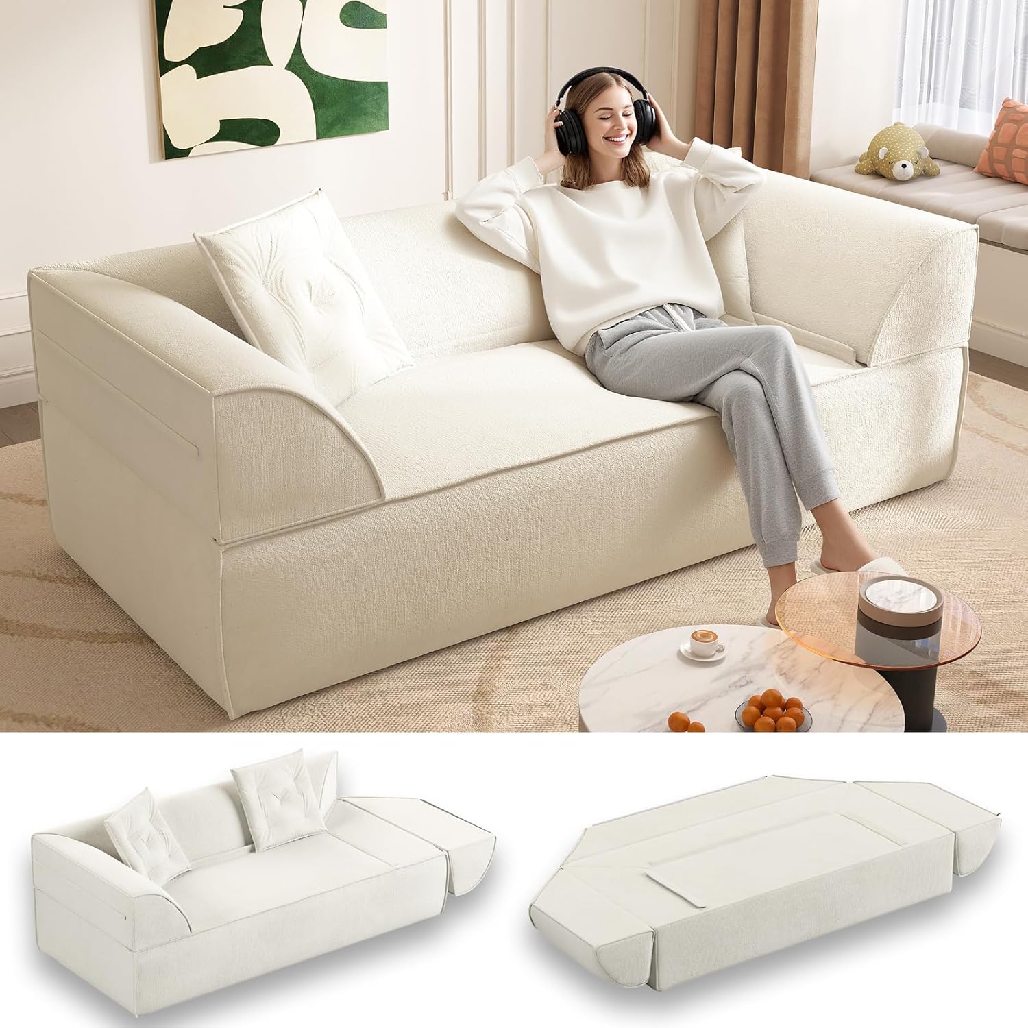 79.5'' Futon Sofa Bed, Foldable Sleeper Sofa, Chenille Boneless Couch, 3-in-1 Modern Convertible Loveseat with 2 Pillows, Deep Seat, Folding Couches for Living Room, Apartment, Bedroom, Beige