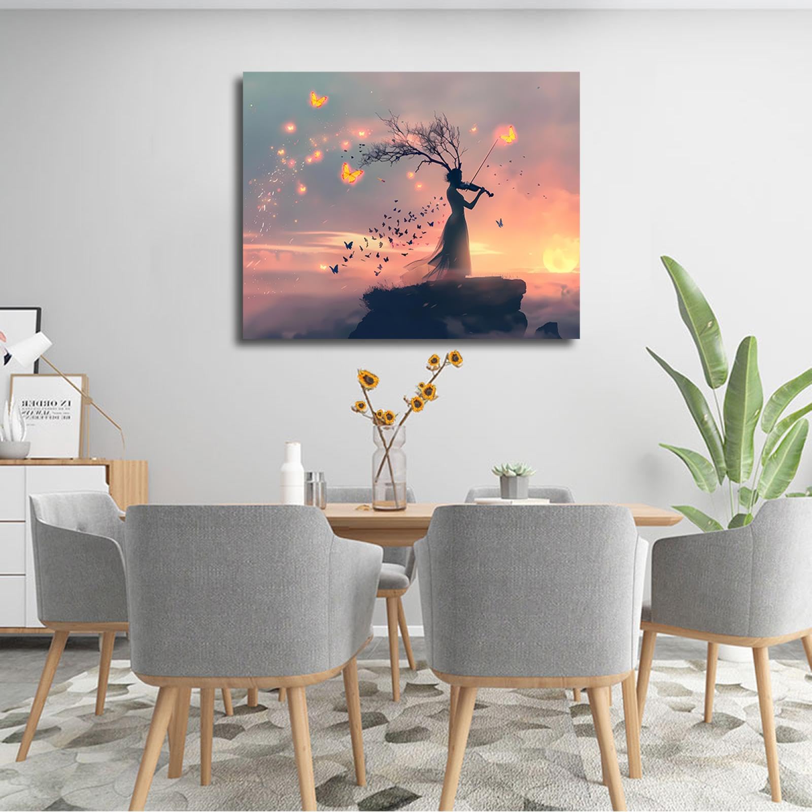YUNART Sen zachód słońca wydruki na płótnie plakaty skrzypek motyl obrazy ścienne do salonu wystrój Giclee grafika 80 x 105 cm rama wewnętrzna