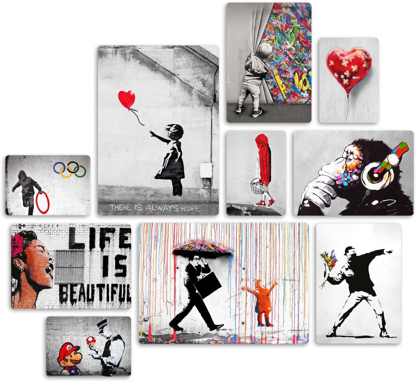 Banksy Sammlung 1 Giallobus Satz von 10 mehrteiligen Gemälden MDF-Holz 42x29,7cm 29,7x21cm 21x14,85cm