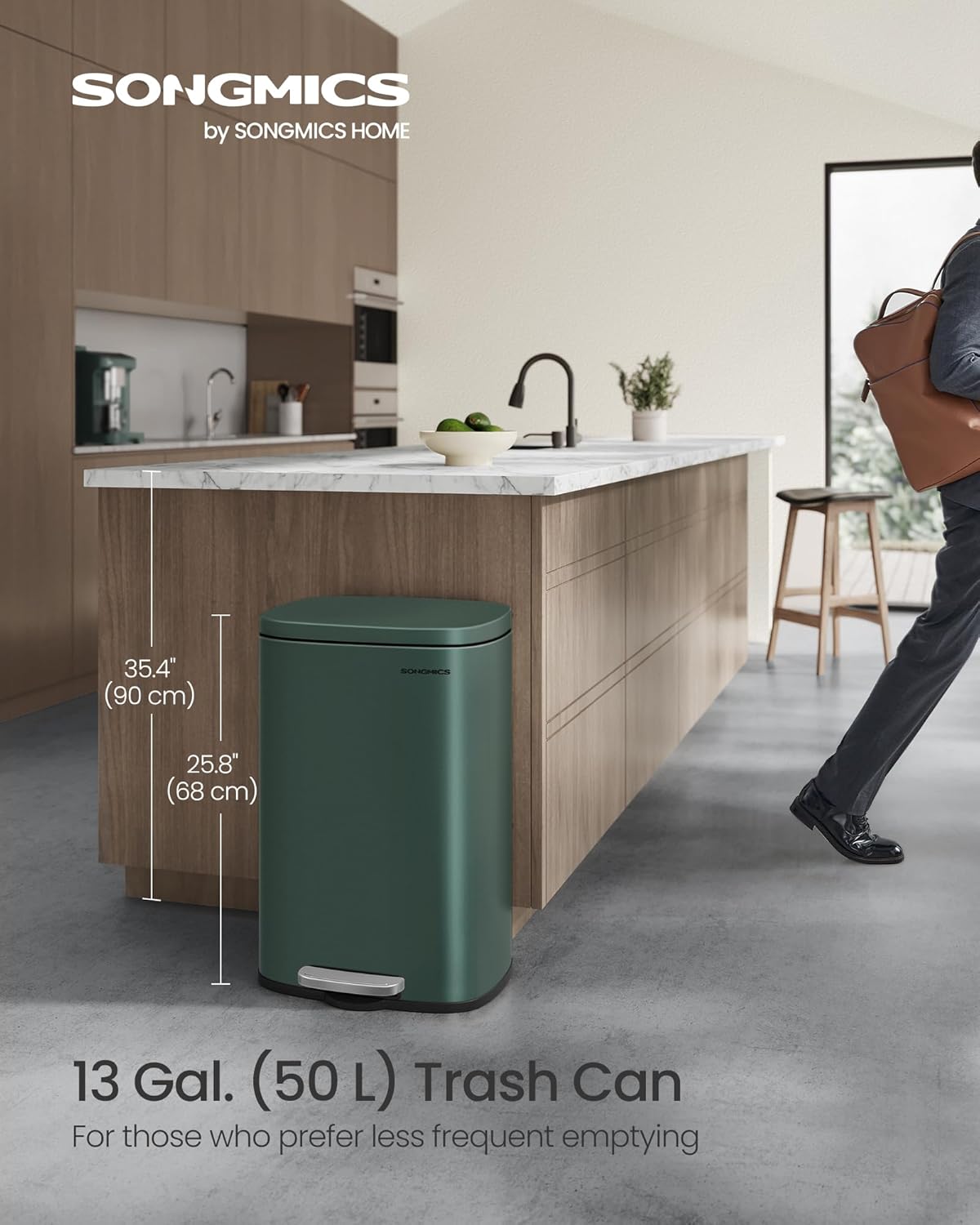 songmics 13 gallon (50 l) trash can, stainless steel kitchen garbage can, recycling or waste bin, soft close, step-on pedal, removable inner bucket, retro green ultb050c01 retro green 13 gal.