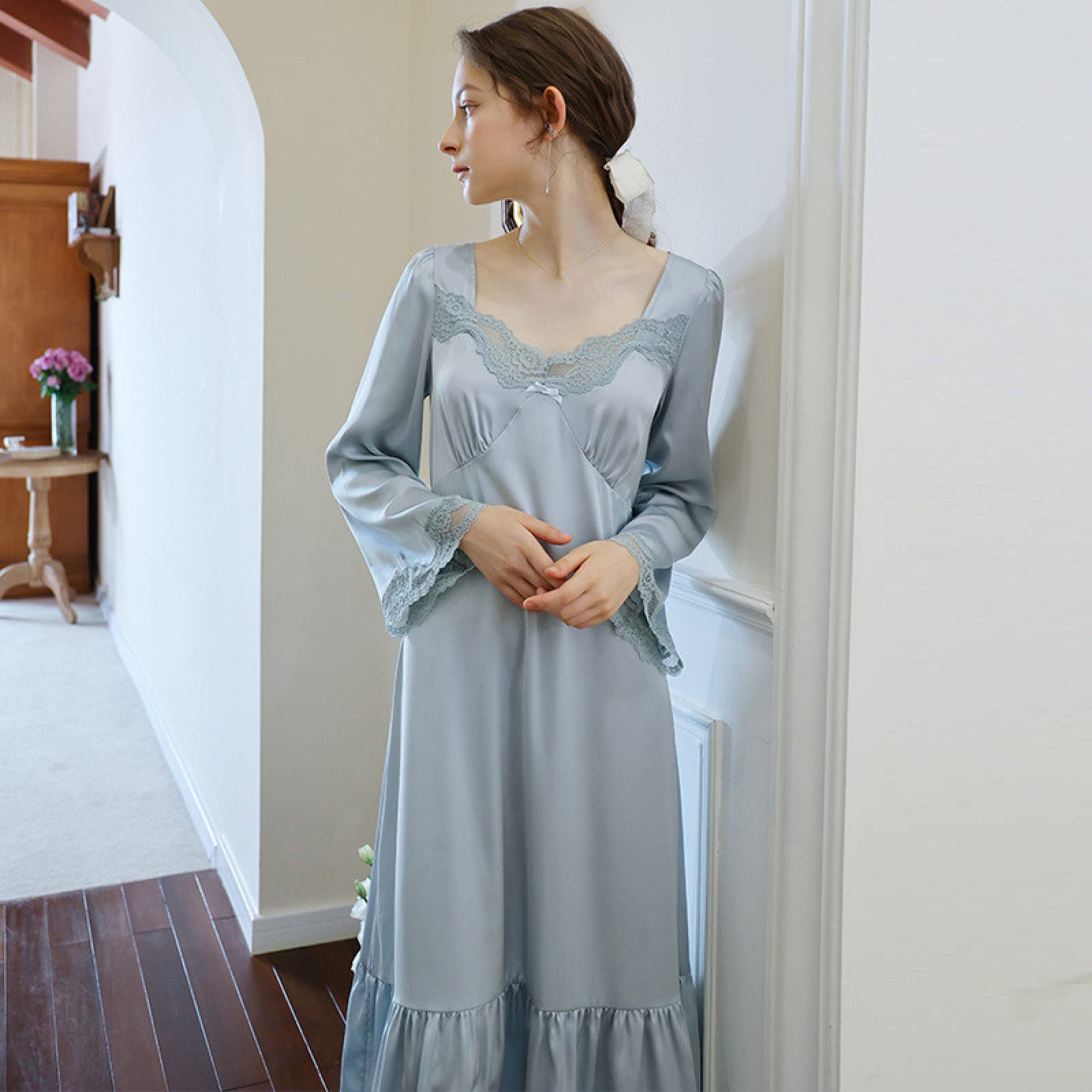 OFFSUM Camicia da Notte Donna - Camicia da Notte Sexy con Colletto Quadrato in Pizzo Camicia da Notte Elegante Vintage in Stile Palazzo Primavera Estate Abito da Notte in Raso