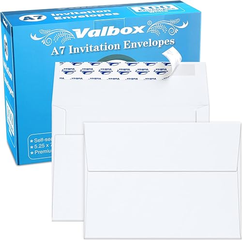 ValBox Sobres de 5 x 7 pulgadas para invitación, 100 sobres A7 autosellados, blanco, sobre de papel imprimible para tarjetas de 5 x 7, bodas, baby