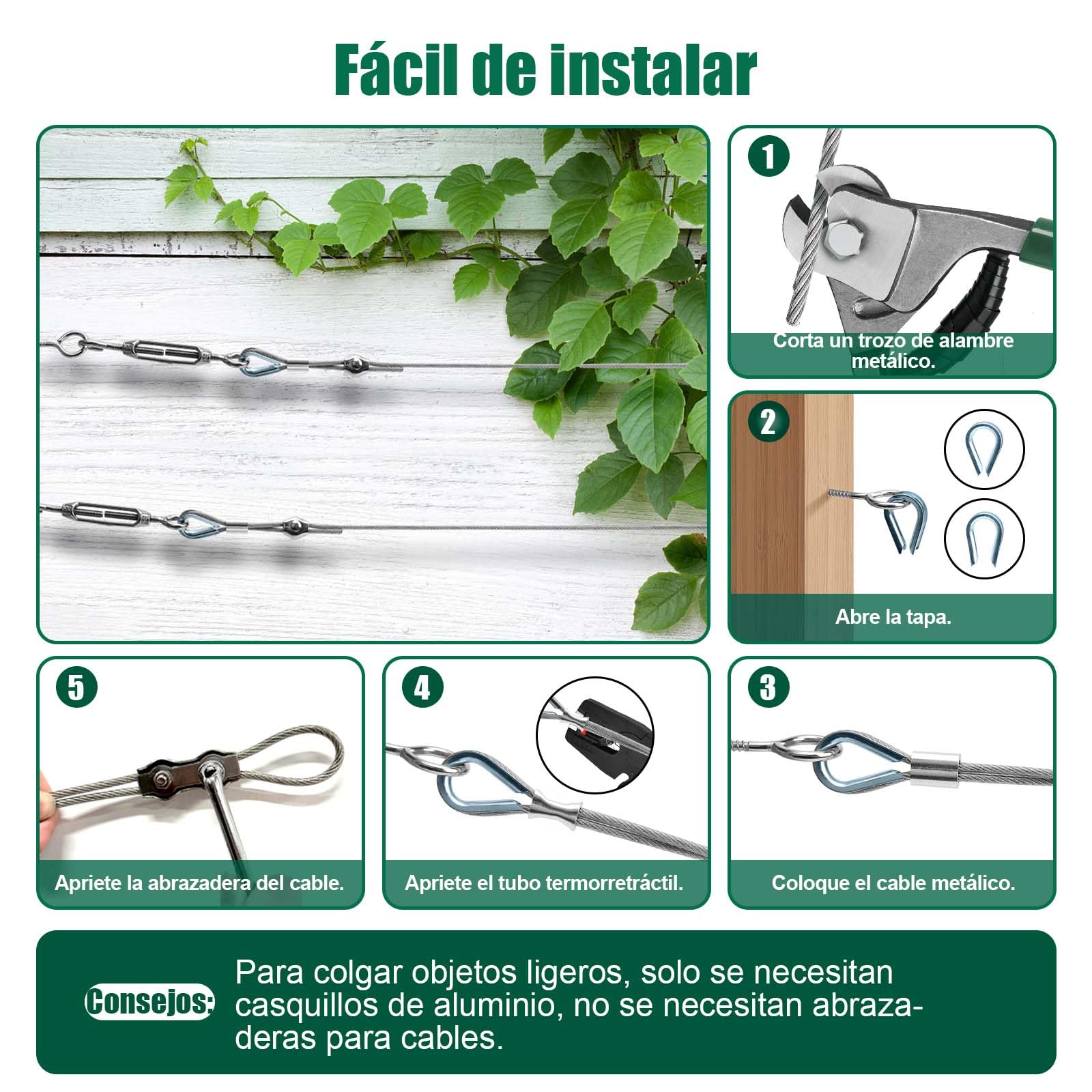 Angooni Lote de 31 cables de acero inoxidable 304, 30 m, 4 mm, tensor de cable de acero inoxidable 304, con ojales, tutores para plantas trepadoras, cuerda para tender ropa, luces, etc