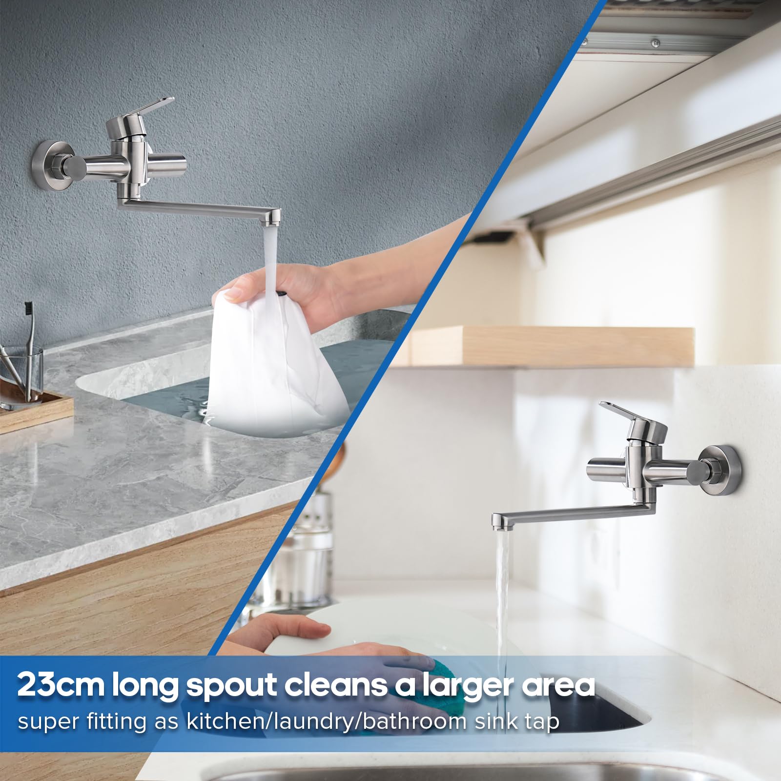 Decaura Wand Küche Wasserhahn, Küchenarmatur Wandmontage Mischbatterien Armatur, Wandarmatur Spültischarmatur für Küche Einhebelmischer mit 360 Drehbar Auslauf langen 23cm Edelstahl Gebürstet