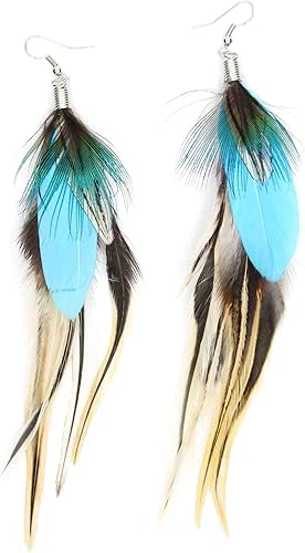 Native Feather - Aretes colgantes para mujer, diseño bohemio de pavo real largo