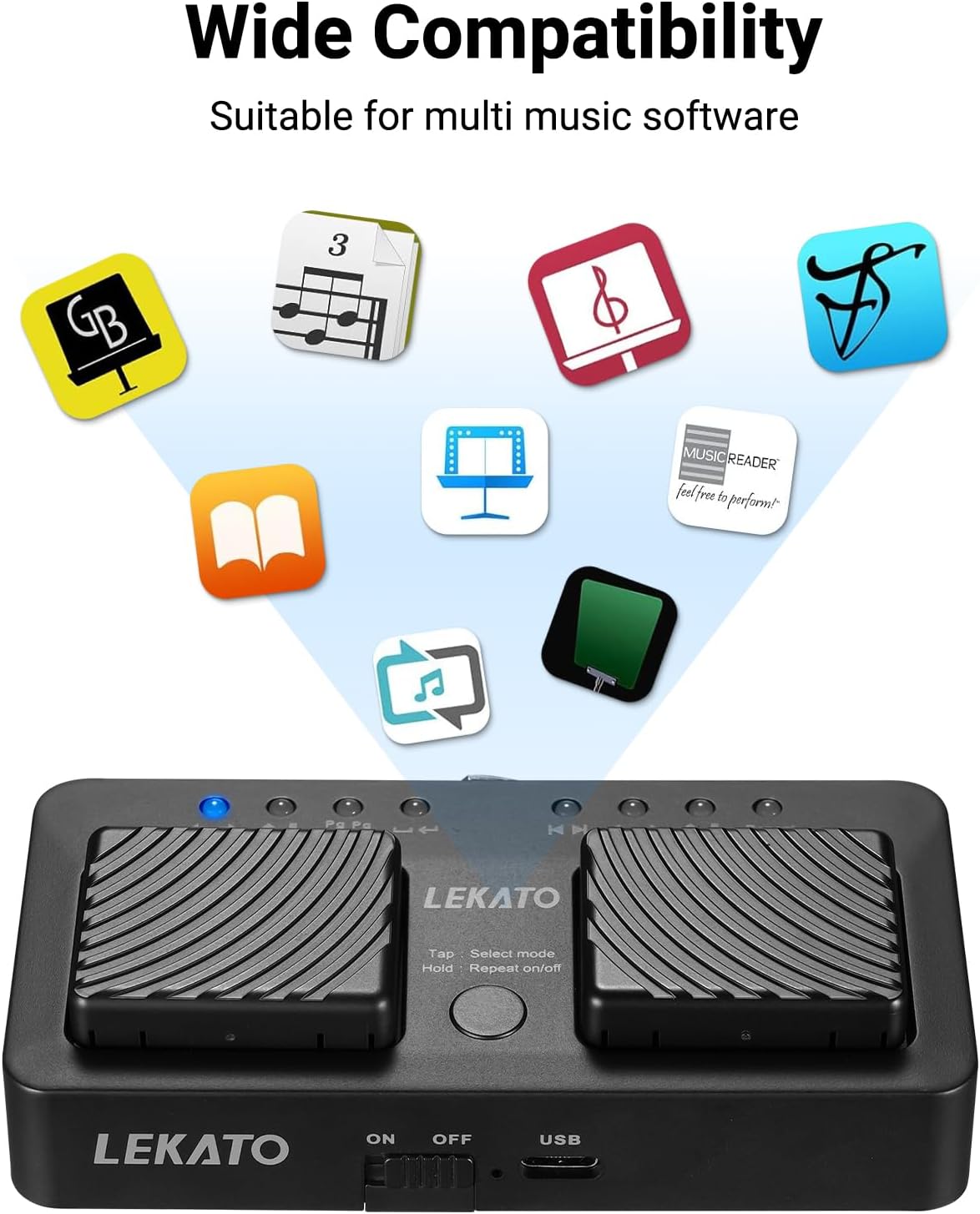 LEKATO Wireless Page Turner Pedal with icons of various compatible music software and operating systems.