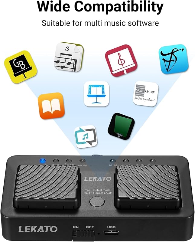 LEKATO Bluetooth Lapozó Pedál - Újratölthető Vezeték Nélküli Lábkapcsoló Tablethez, Okostelefonhoz, Kottaolvasáshoz, 7 Üzemmóddal